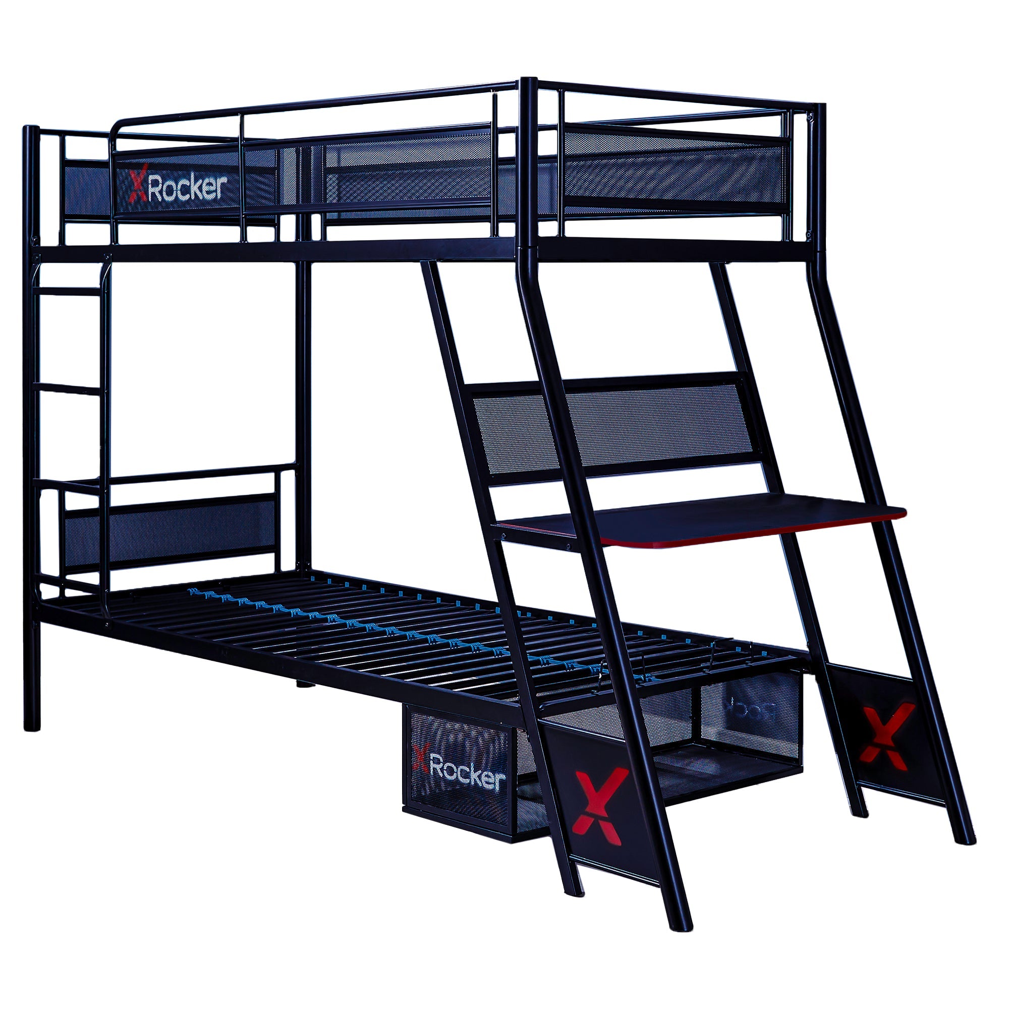 Armada Twin over Twin Gaming Bunk Bed with Built-In Gaming Desk, Black, Twin/Twin
