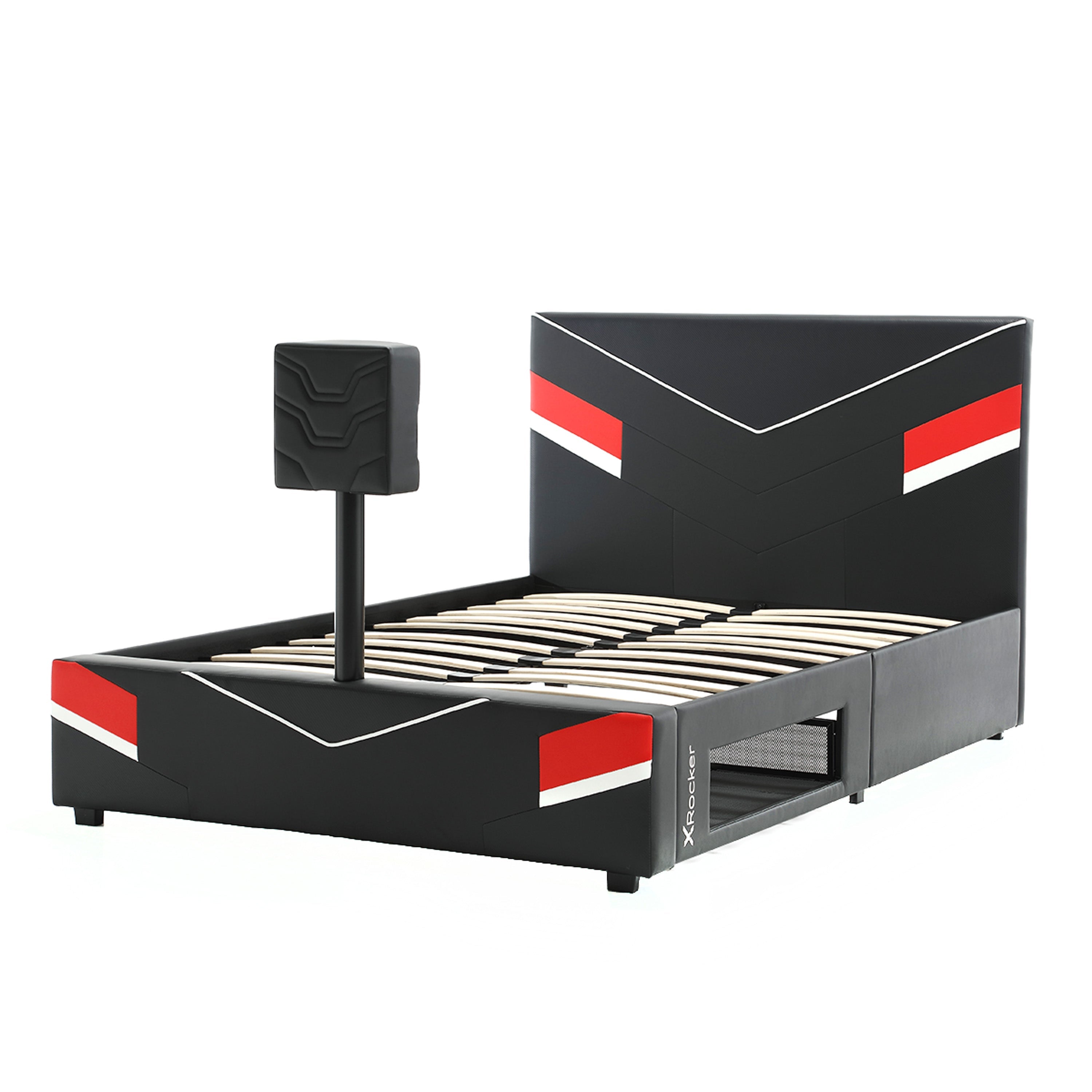 Orion eSports Gaming Bed Frame with TV Mount, Black/Red, Full