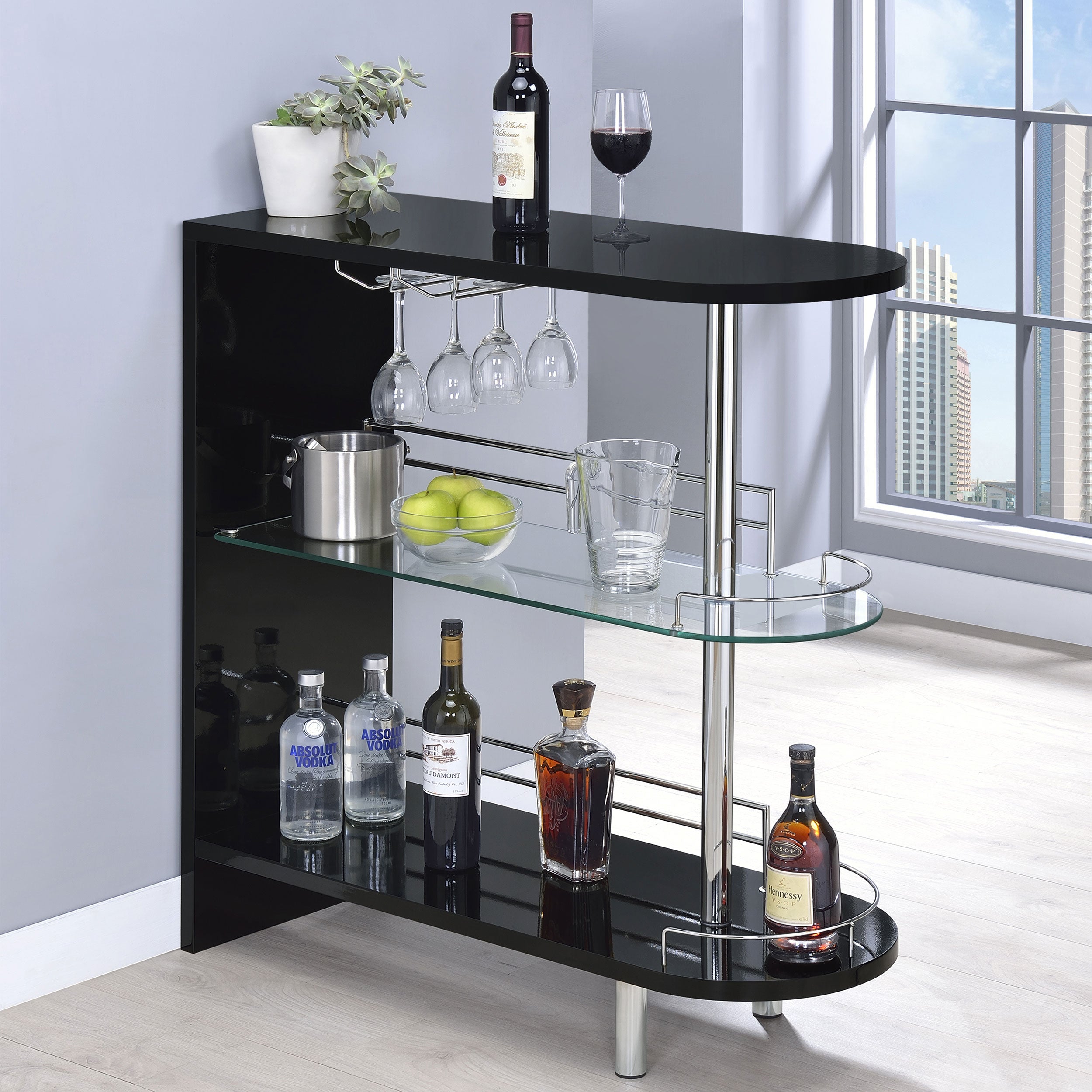 Papke 3-tier Bar Table Glossy Black and Clear Home Bar Black