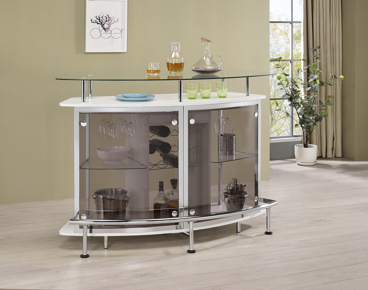 Gideon Crescent Shaped Glass Top Bar Unit with Drawer Home Bar White