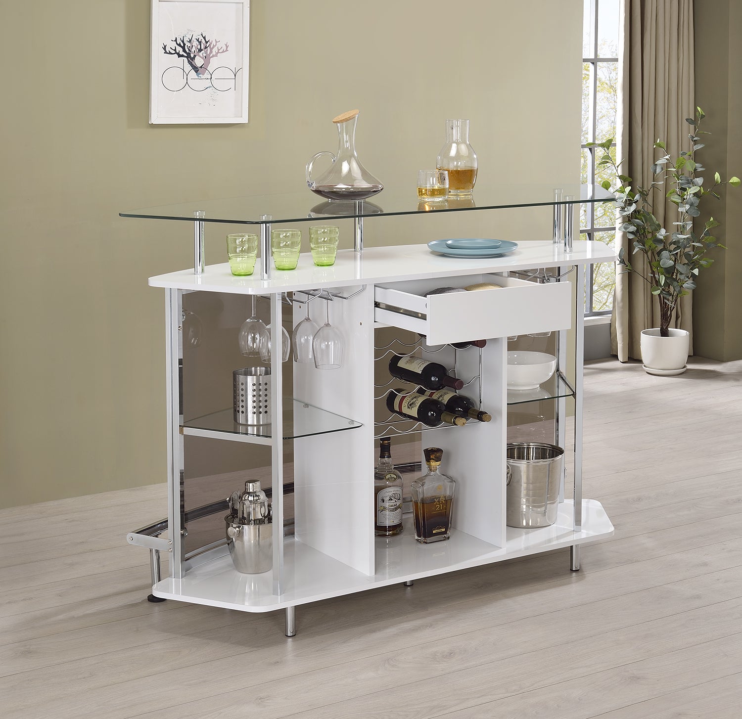 Gideon Crescent Shaped Glass Top Bar Unit with Drawer Home Bar White