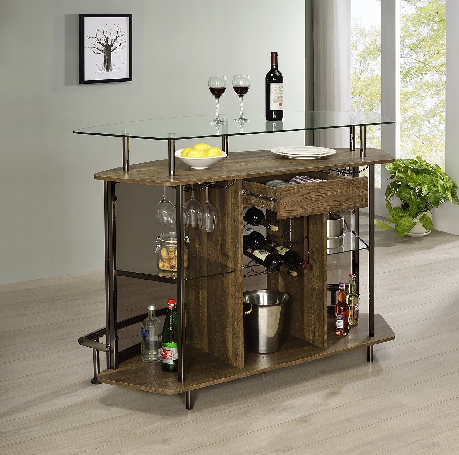 Gideon Crescent Shaped Glass Top Bar Unit with Drawer Home Bar Brown