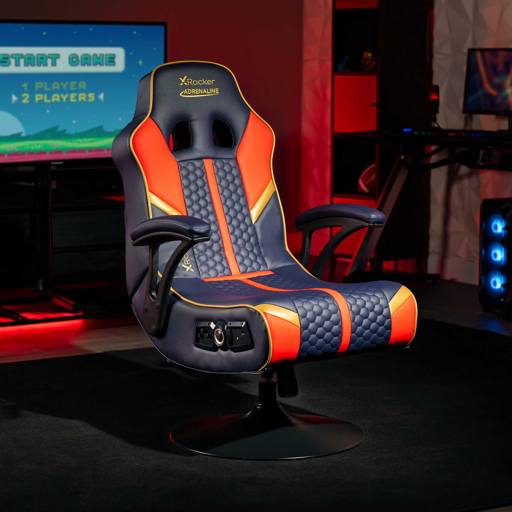Adrenaline 2.1 Wireless w Vibration Pedestal Gaming Chair, Red, Blue, Gold