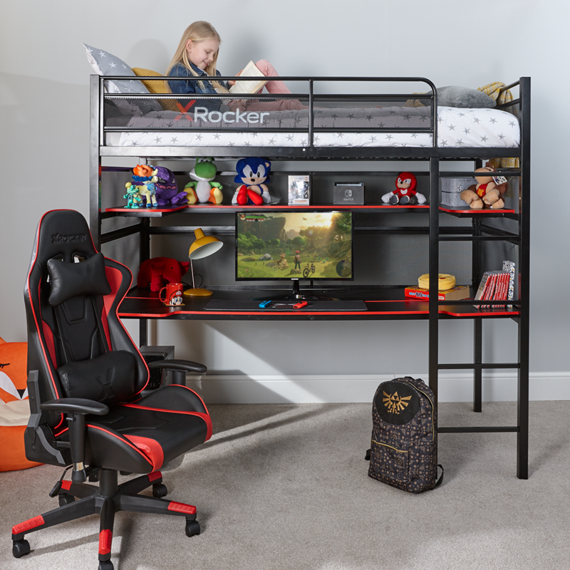BattleBunk Gaming Bunk Bed with Built-In Gaming Desk, Black/Red, Twin