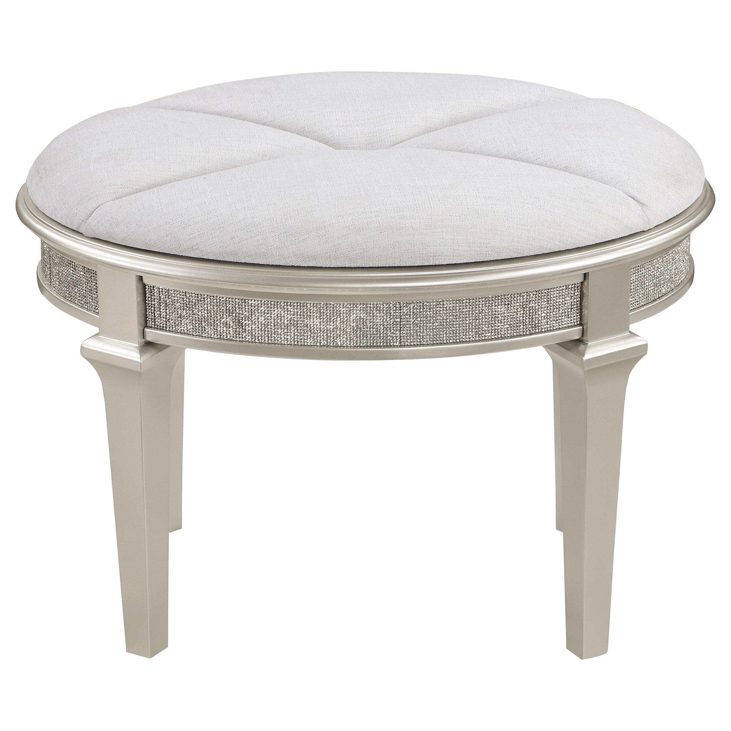 Evangeline Oval Vanity Stool with Faux Diamond Trim Silver and Ivory