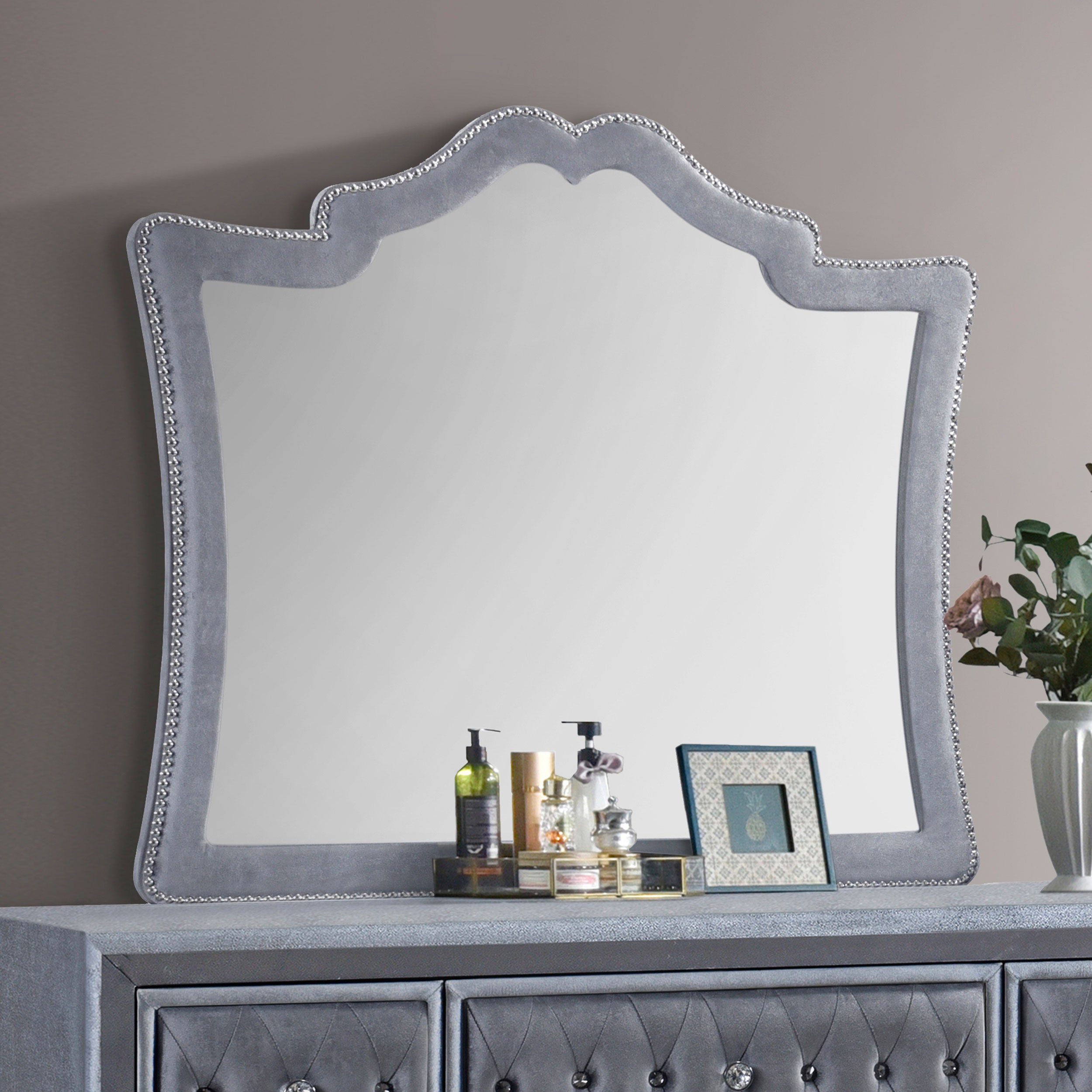 Antonella Dresser Mirror with Nailhead Trim Camel Dresser Mirror Grey