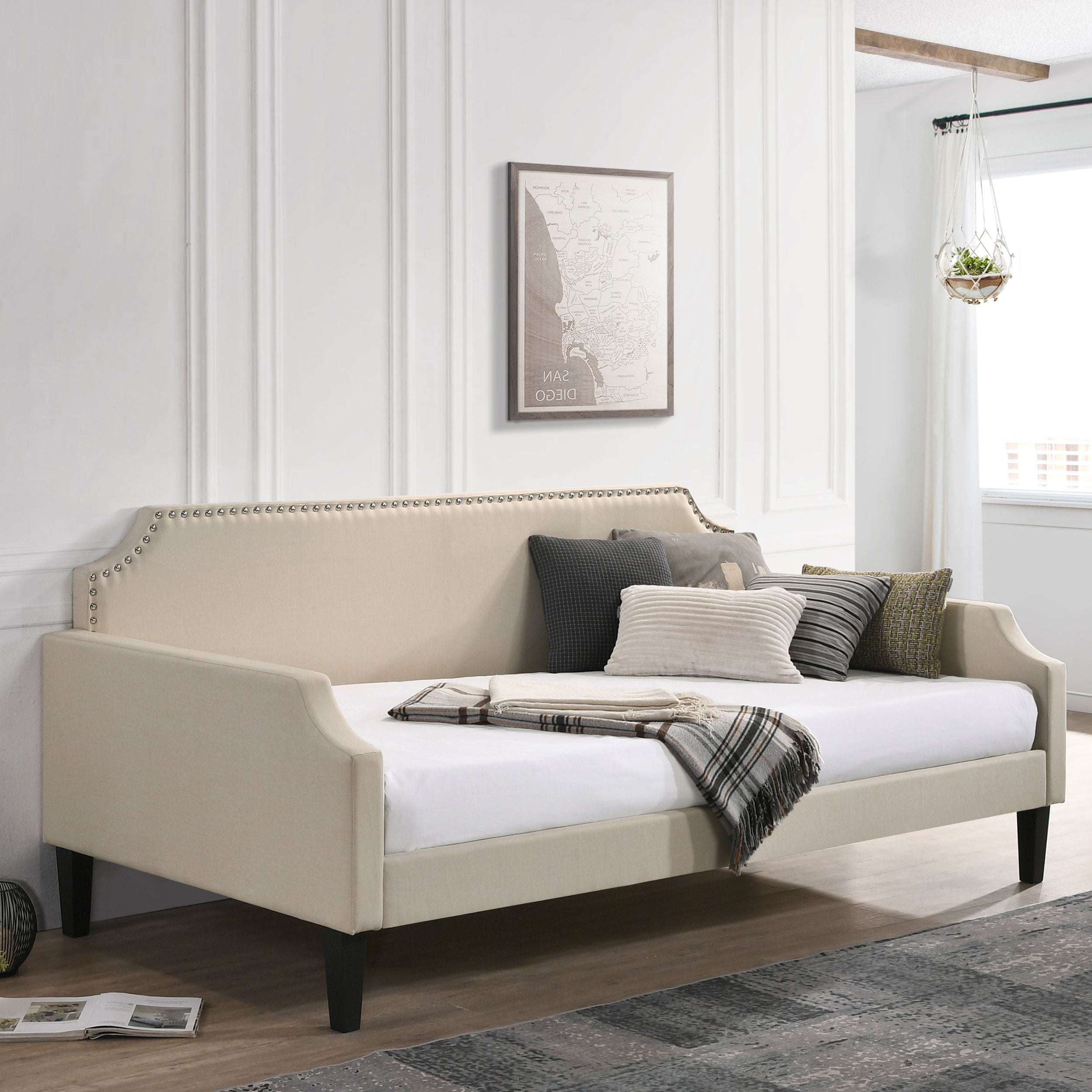 Olivia Upholstered Twin Daybed with Nailhead Trim Twin Daybed Beige