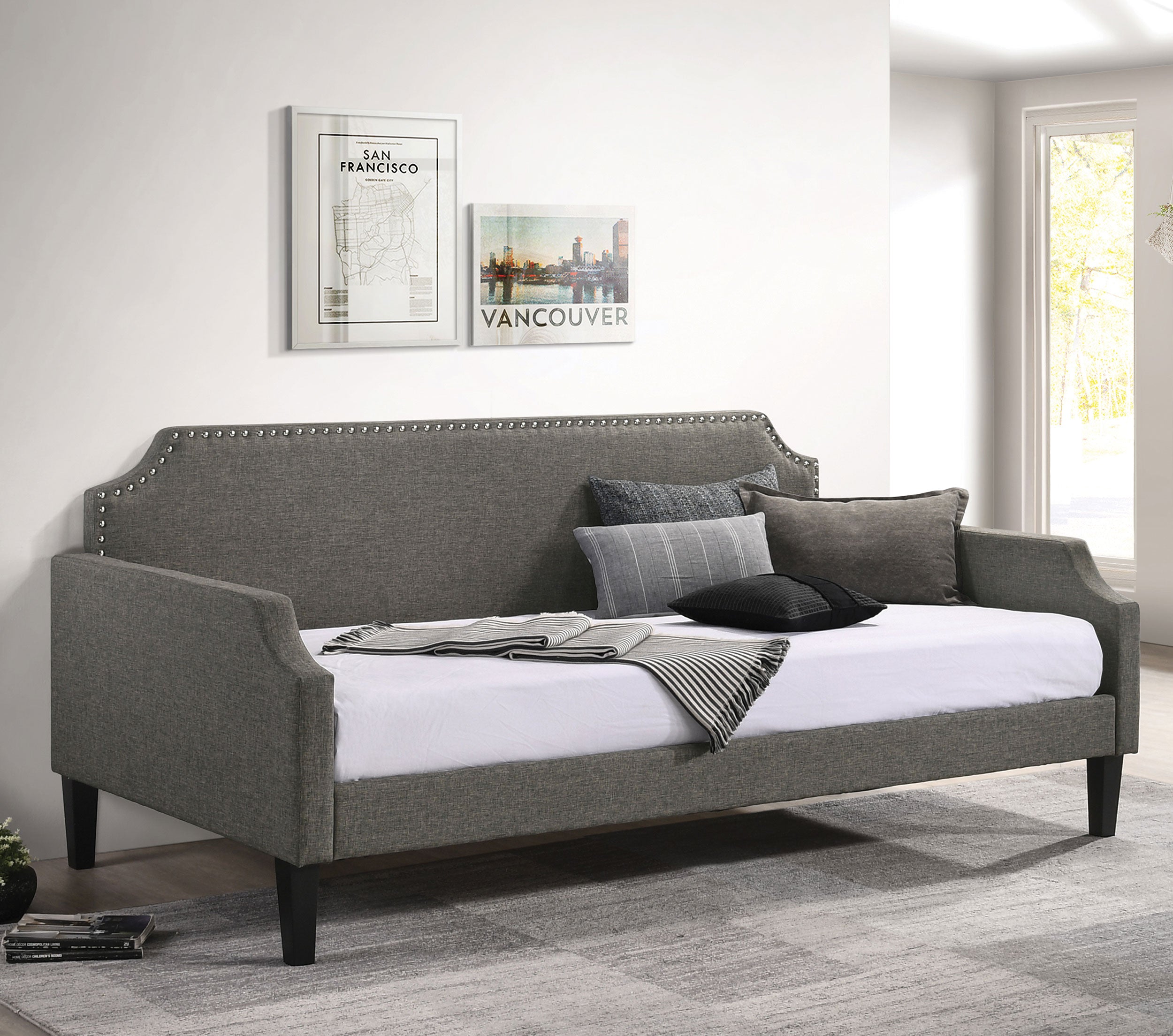 Olivia Upholstered Twin Daybed with Nailhead Trim Twin Daybed Grey