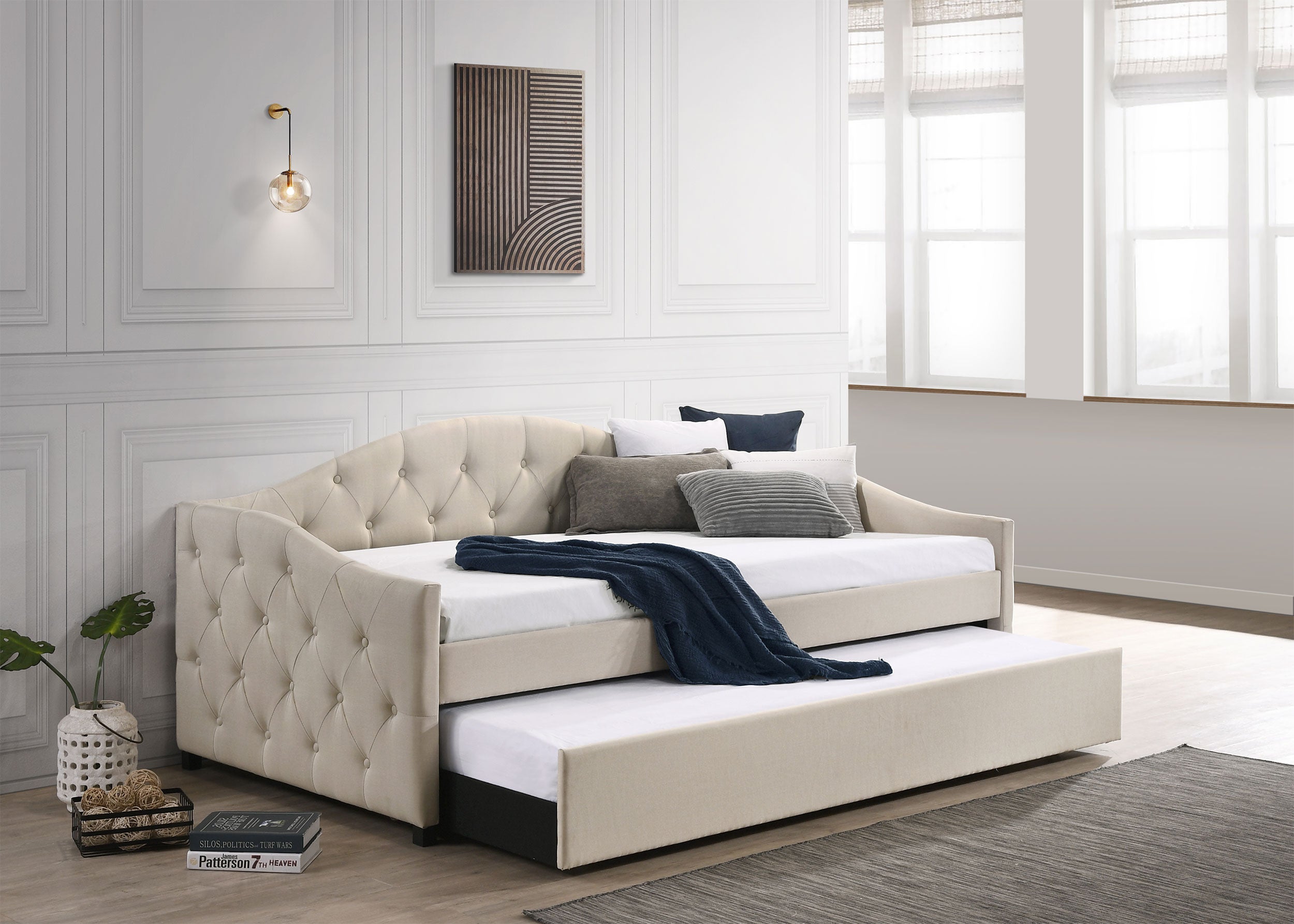 Sadie Upholstered Twin Daybed with Trundle Twin Daybed Beige