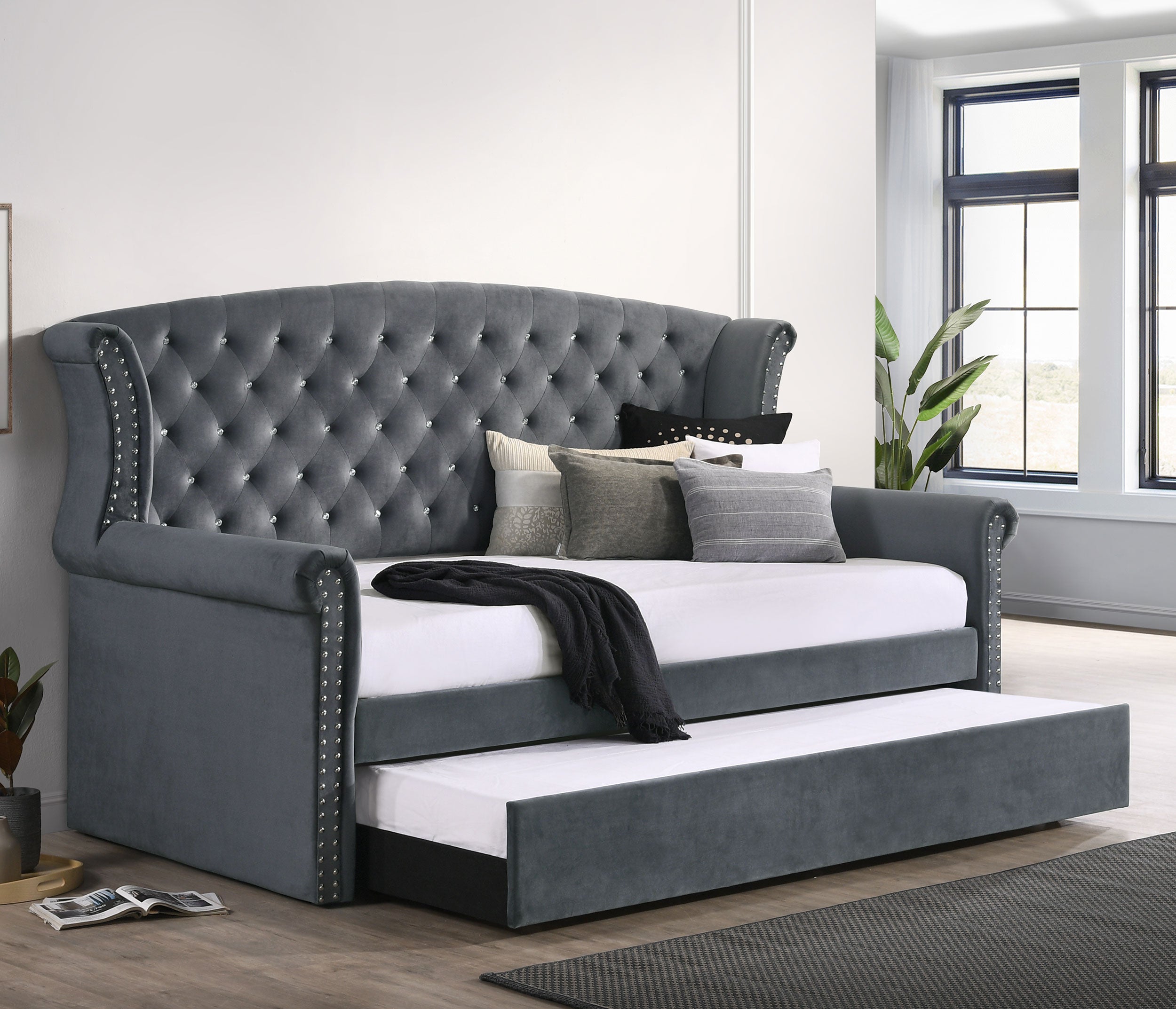 Scarlett Upholstered Tufted Twin Daybed with Trundle Twin Daybed Grey