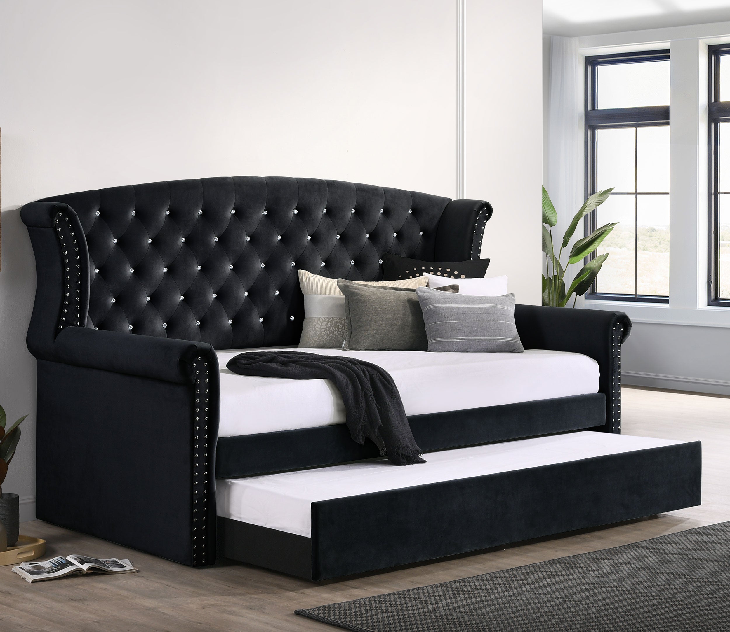 Scarlett Upholstered Tufted Twin Daybed with Trundle Twin Daybed Black
