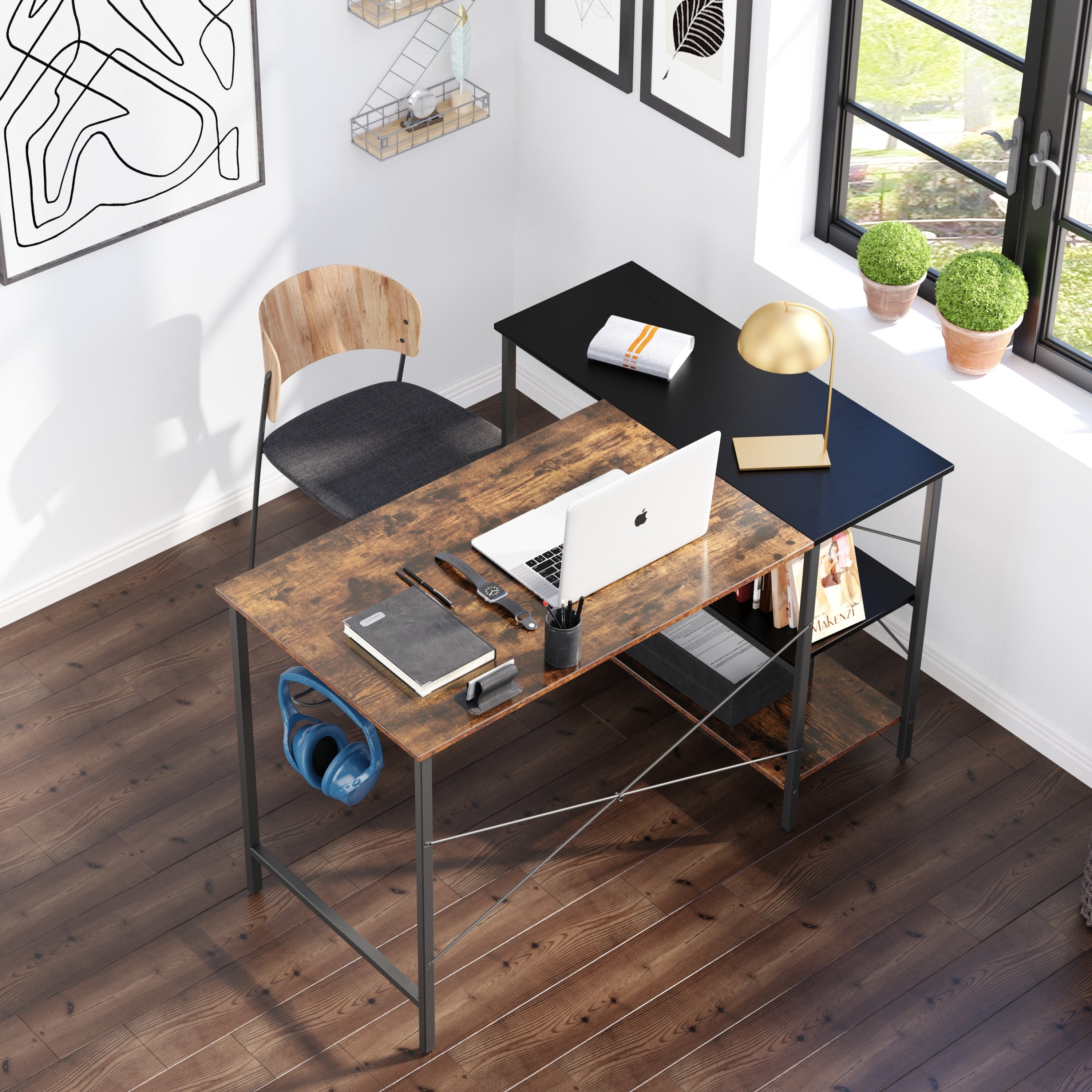 (West America Express shipping warehouse，two days to deliver goods)L-shaped black linen + retro double color matching desk