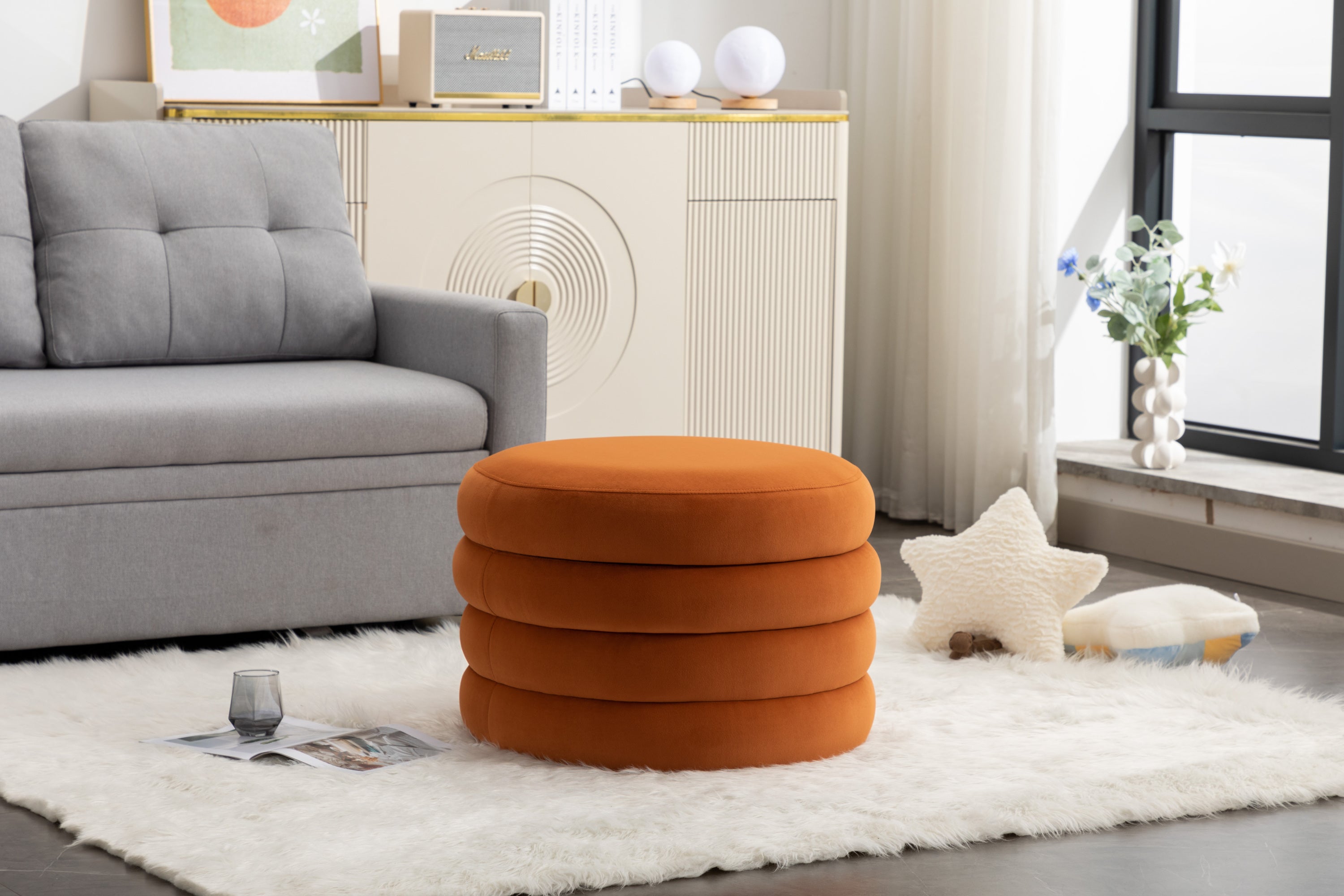 007-Velvet Fabric Storage Round Ottoman Footstool With Wooden Shelving,Orange