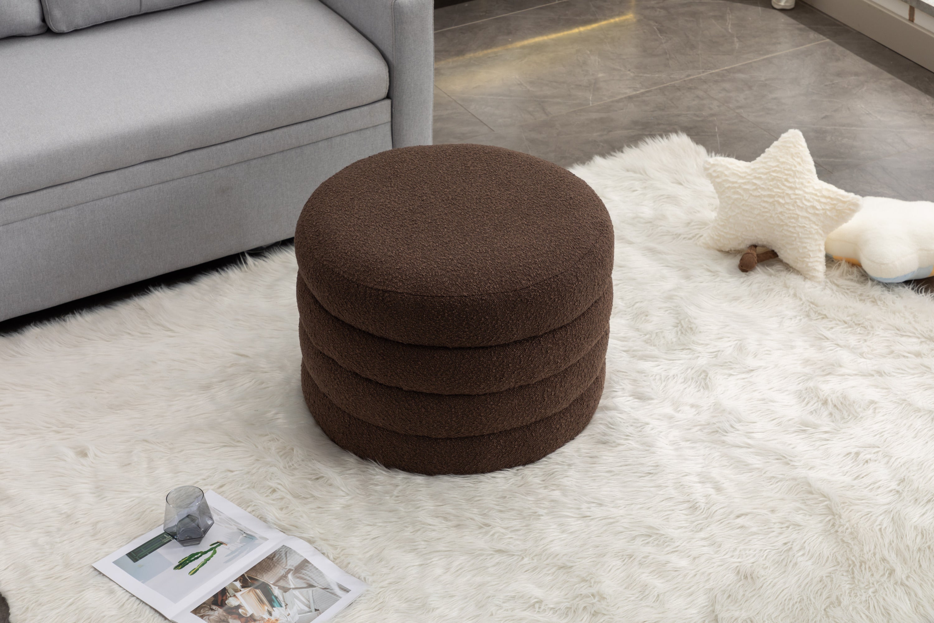 007-Boucle Fabric Storage Round Ottoman Footstool With Wooden Shelving,Brown
