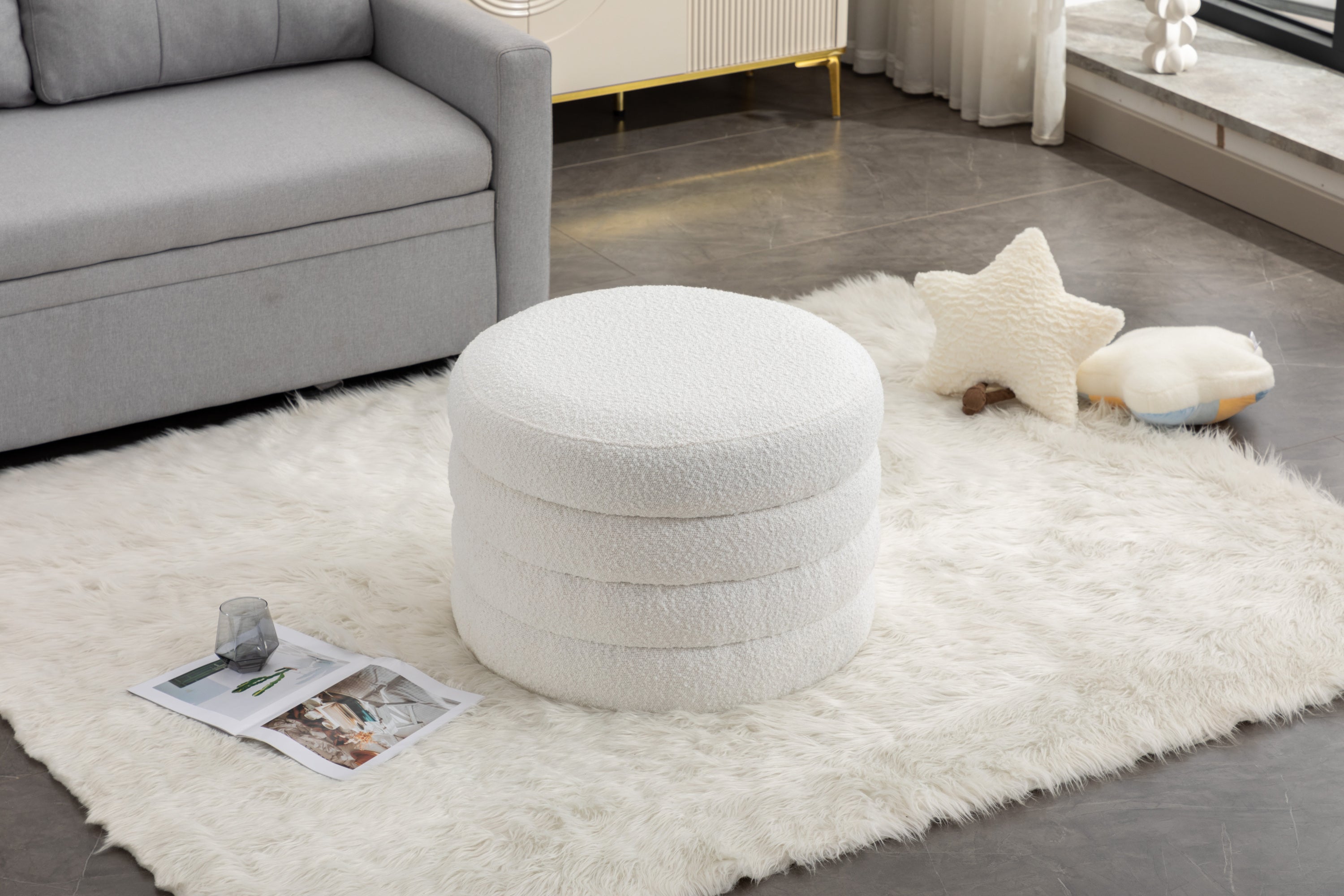 007-Boucle Fabric Storage Round Ottoman Footstool With Wooden Shelving,Ivory