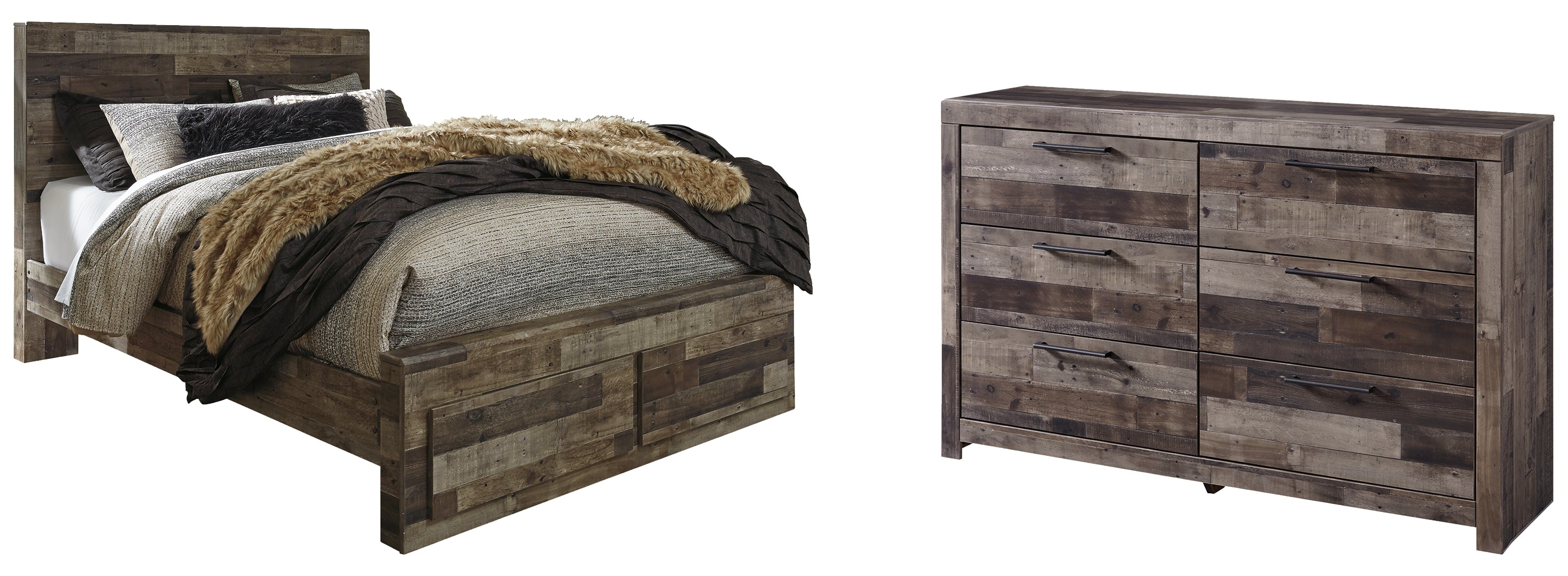 Derekson Queen Panel Bed with 2 Storage Drawers with Dresser