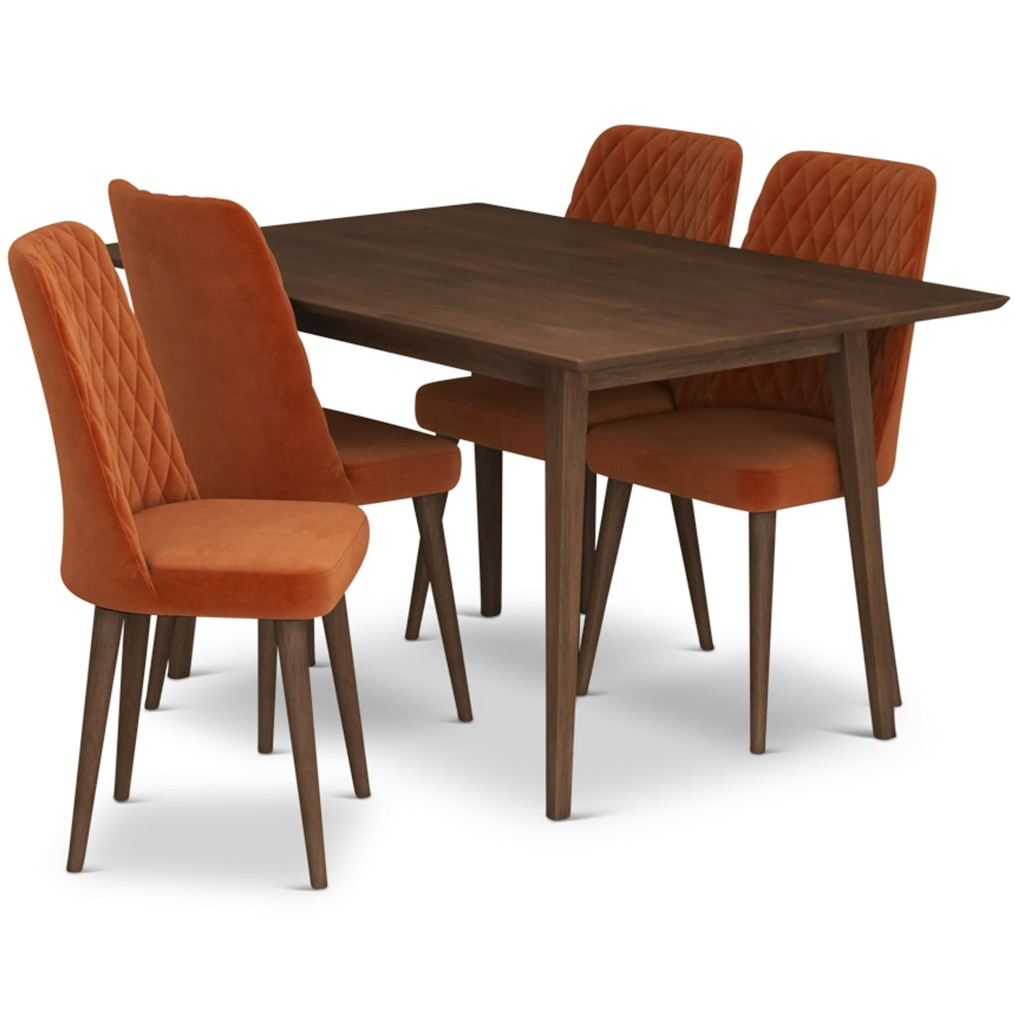 Adira Small Walnut Dining Set with 4 Evette Burnt Orange Velvet Dining