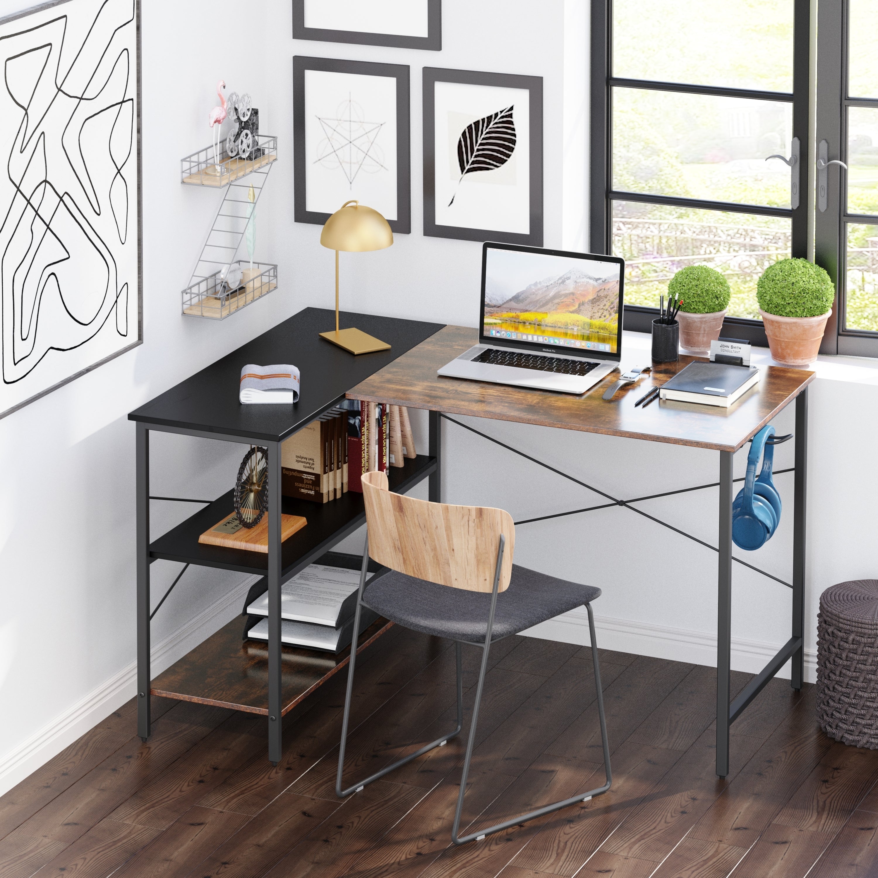 (West America Express shipping warehouse，two days to deliver goods)L-shaped black linen + retro double color matching desk