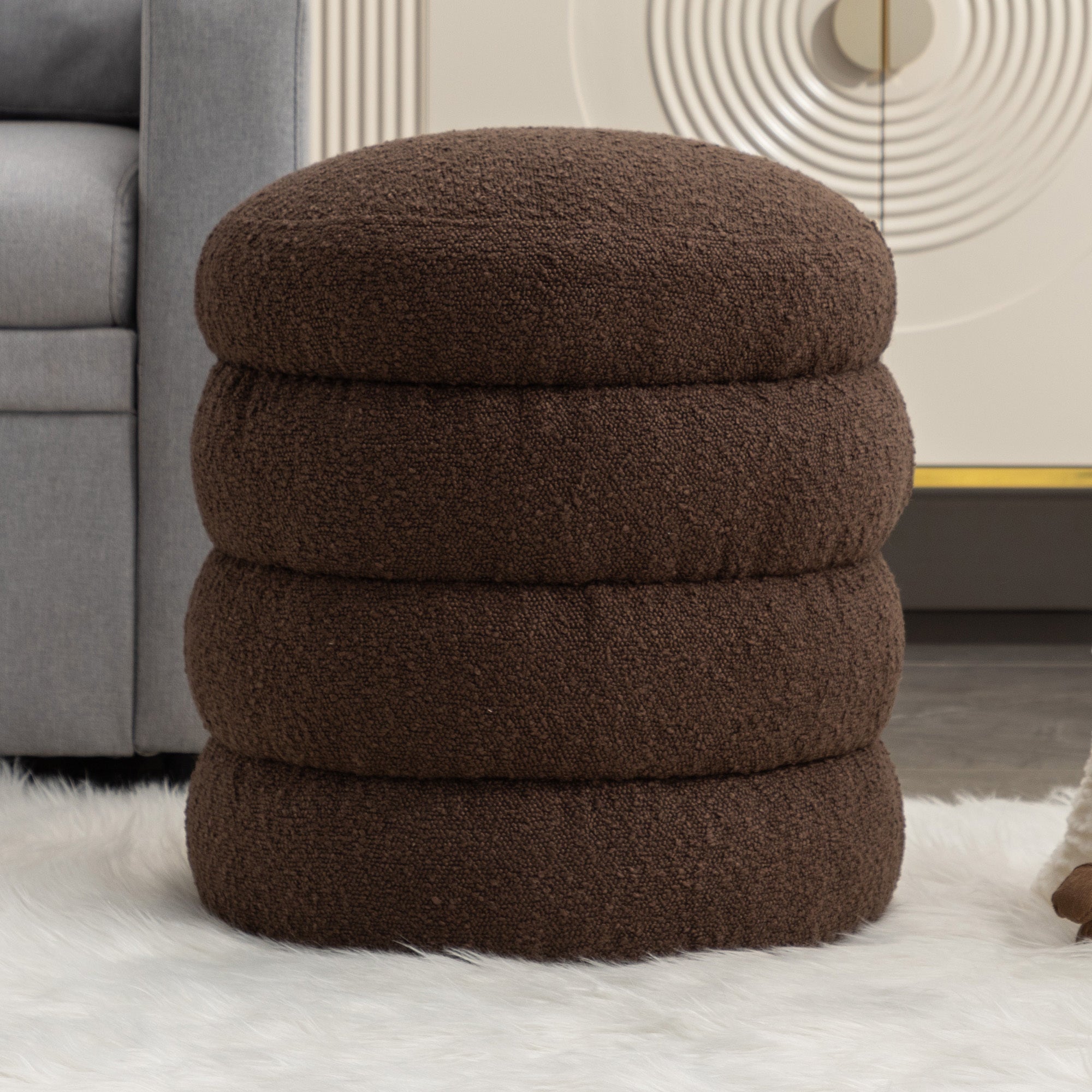 006-Soft Boucle Round Ottoman Footrest Stool,Brown