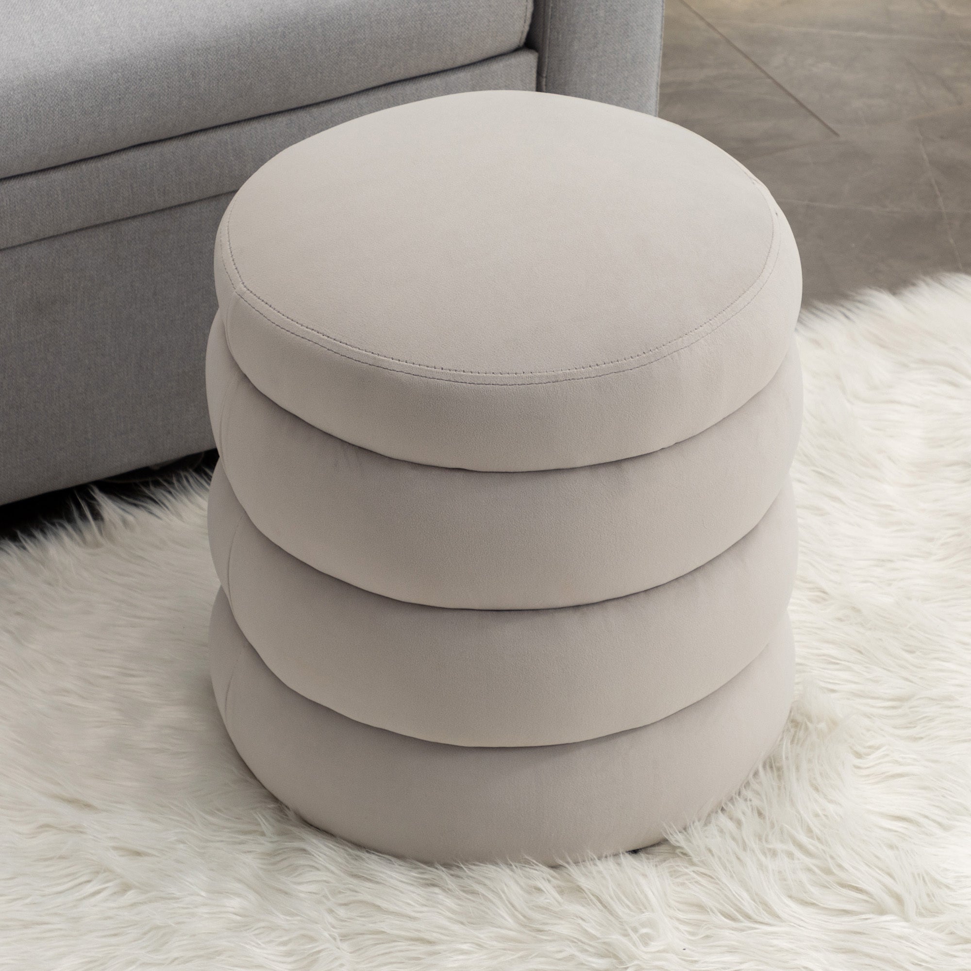 006-Soft Velvet Round Ottoman Footrest Stool,Light Gray