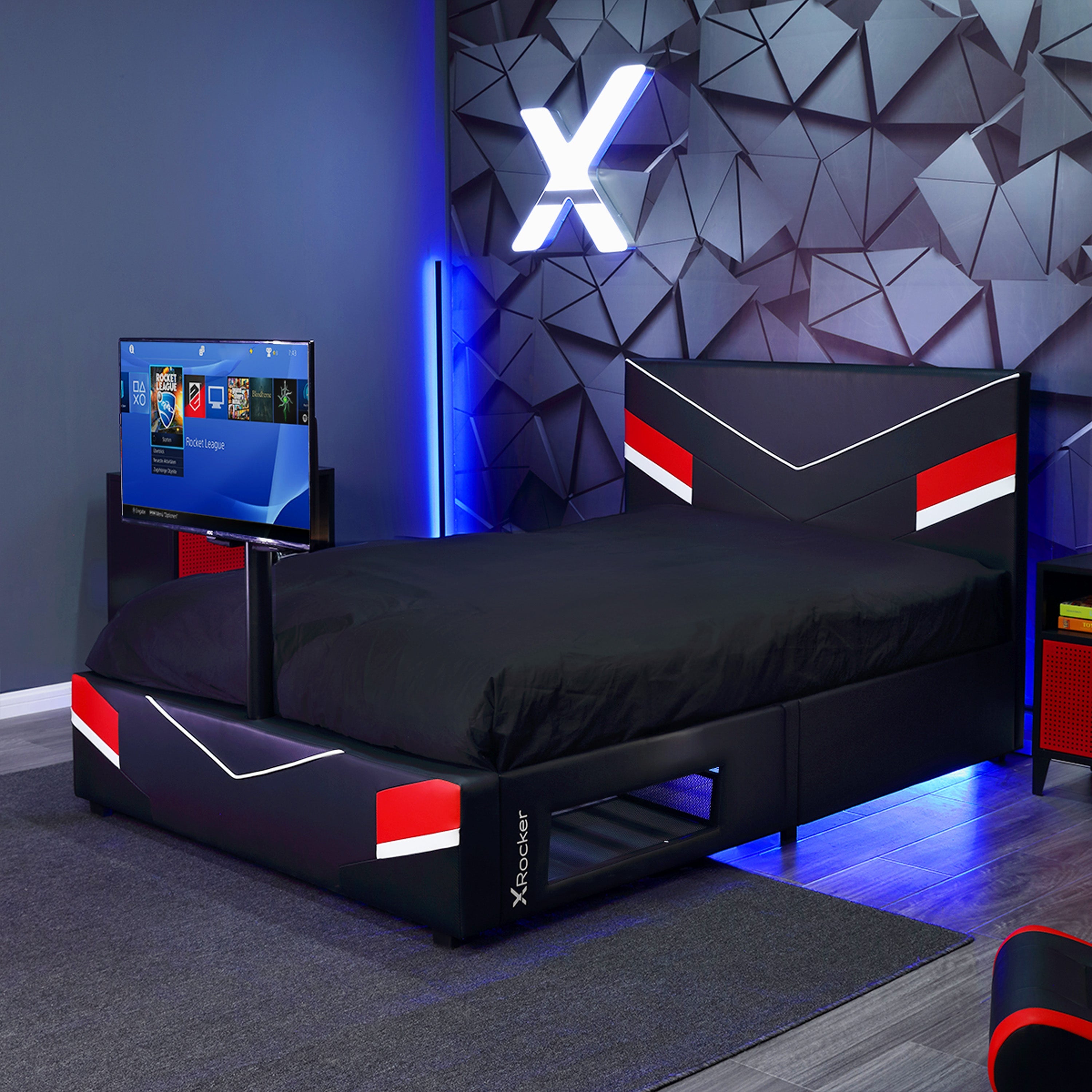 Orion eSports Gaming Bed Frame with TV Mount, Black/Red, Full