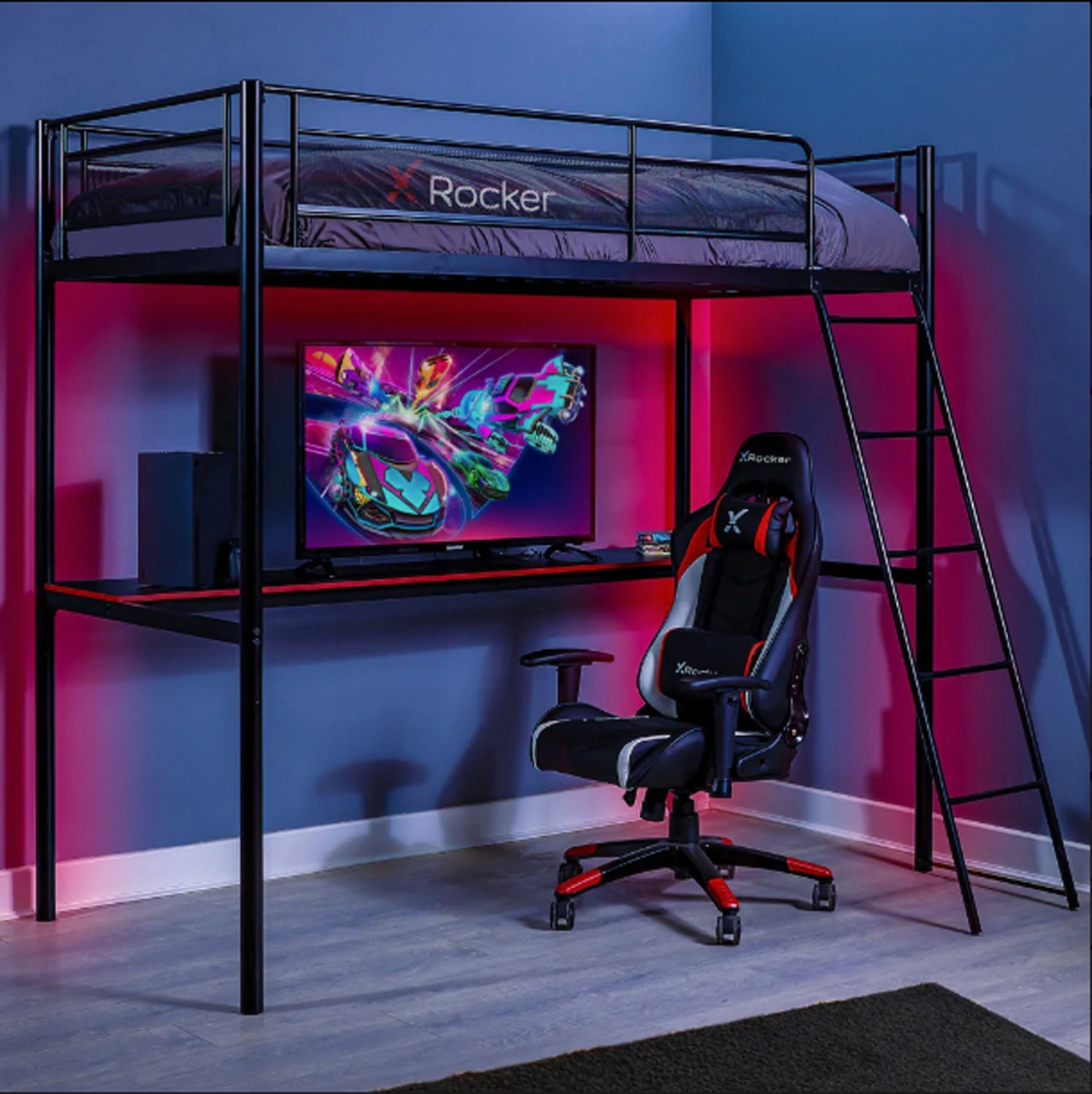 HQ Gaming Bunk Bed with Built-In Shelving, Black, Twin