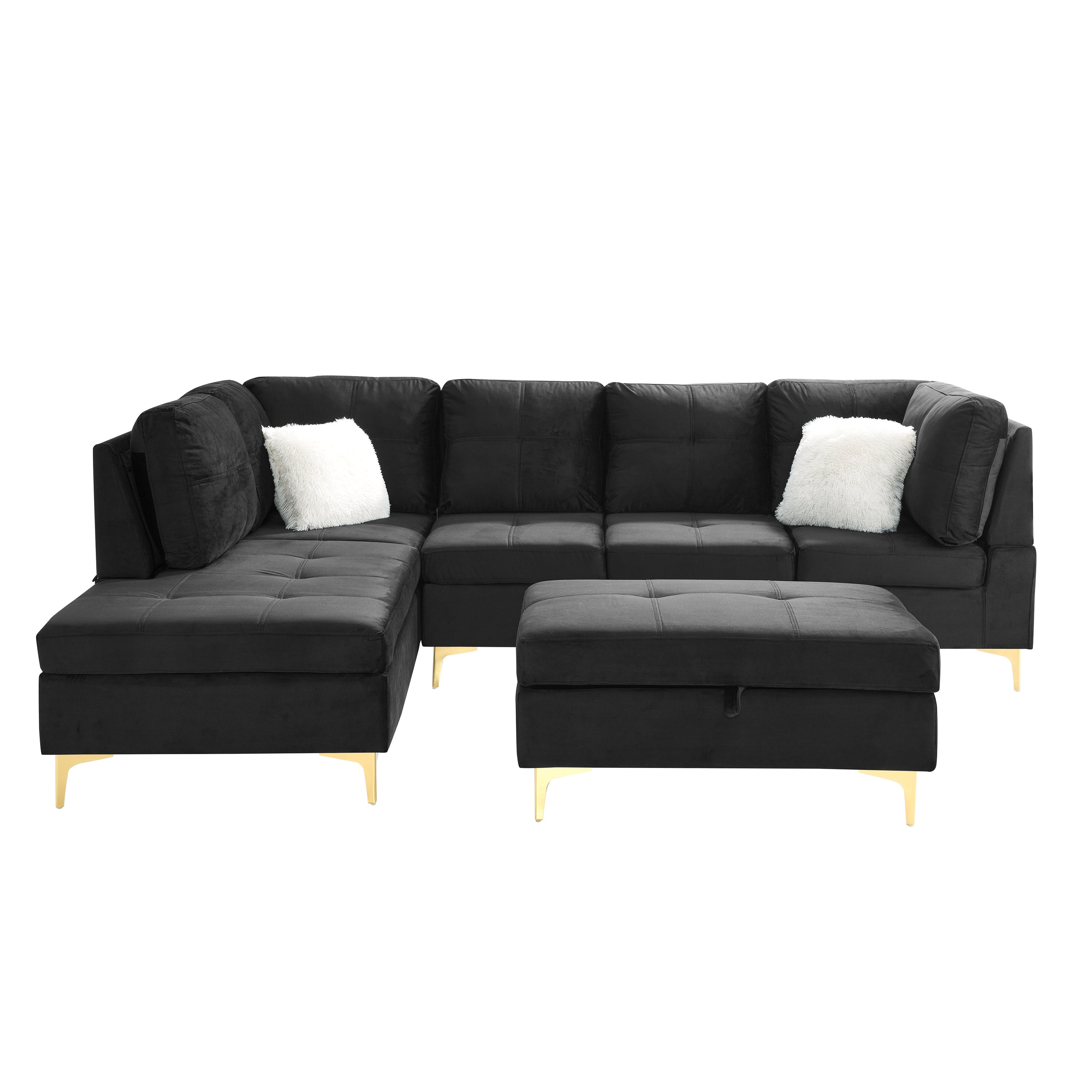 103" Velvet Sectional Sofa, L Shape Corner Couch with Storage Ottoman for Living Room, Black Fabric, Pocket Coil Spring in Seats, Chaise face Left