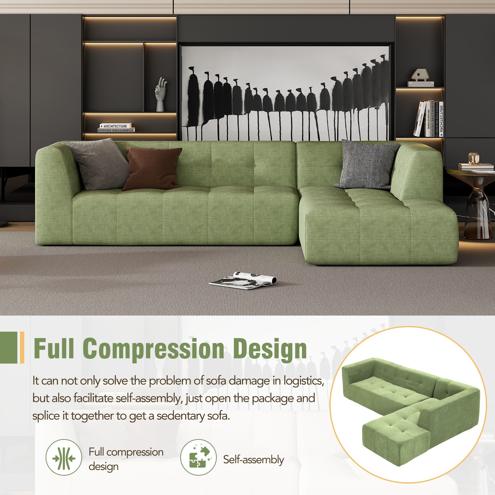 110.2*72.8" Modular Modular Combination Living Room Sofa Set, Modern Minimalist Sofa, Living Room Upholstered Sofa Bed, Bedroom, 2pcs Computer Free Combination, L-Shaped,Green