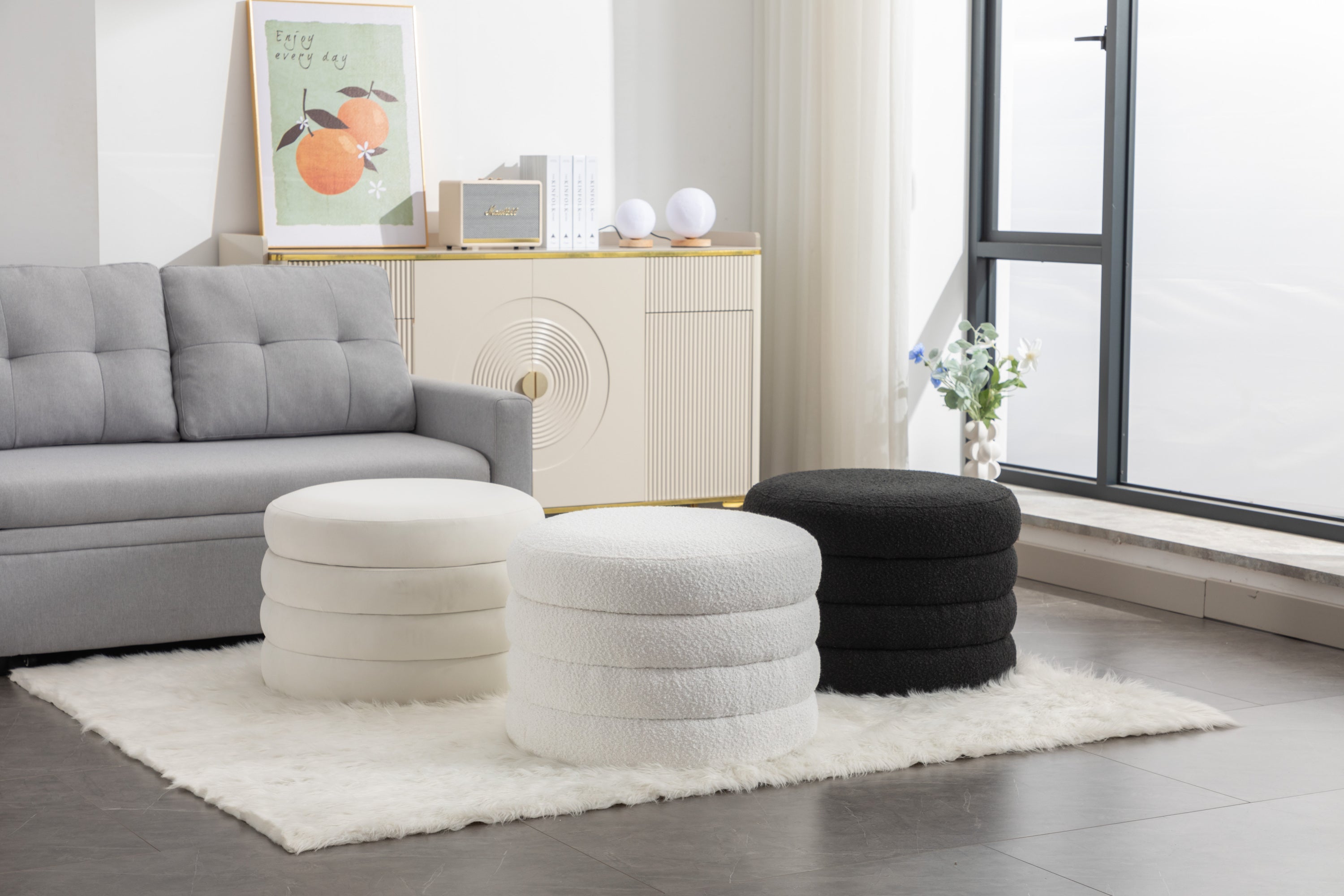 007-Velvet Fabric Storage Round Ottoman Footstool With Wooden Shelving,Ivory