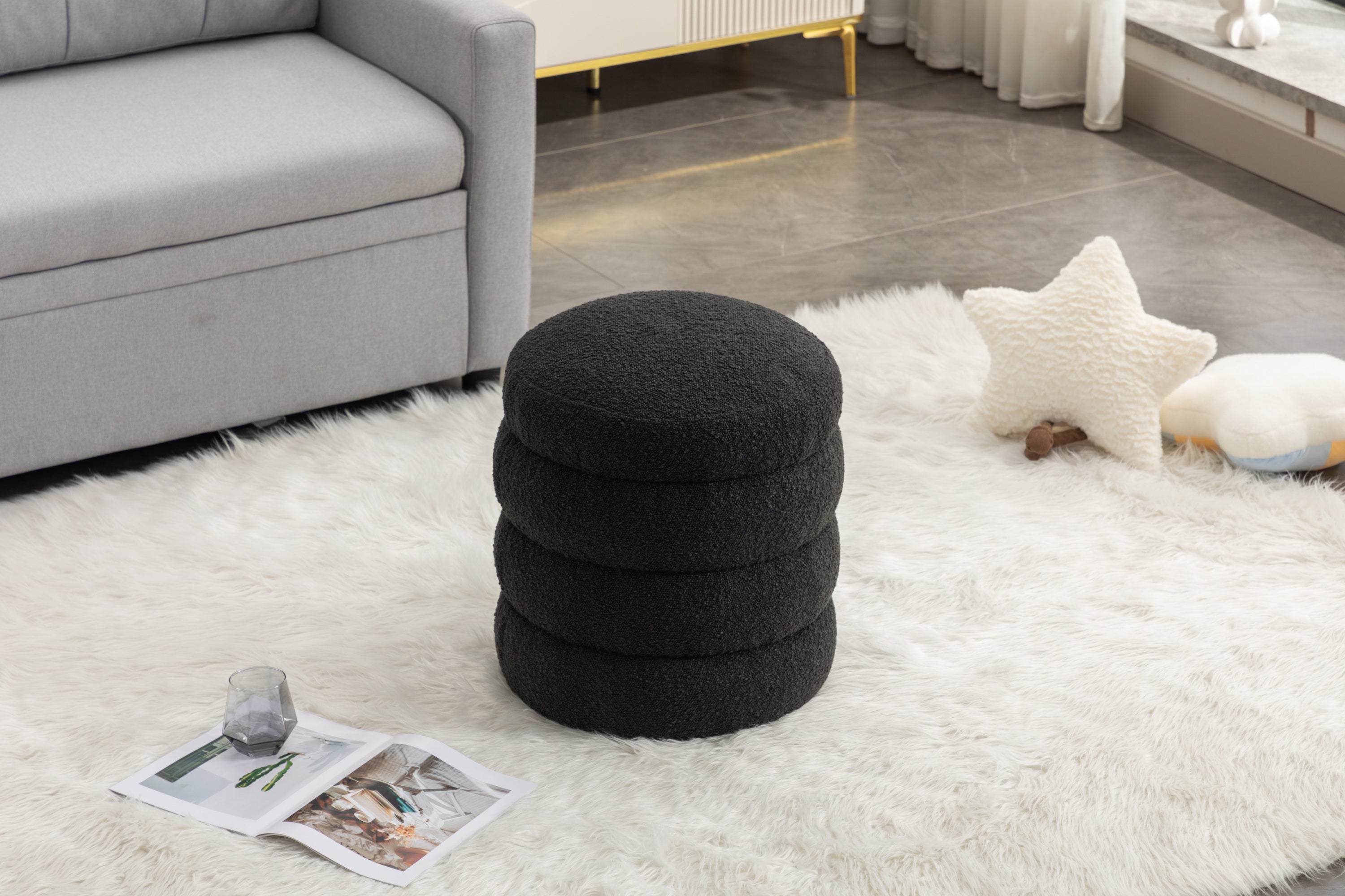 006-Soft Boucle Round Ottoman Footrest Stool,Black