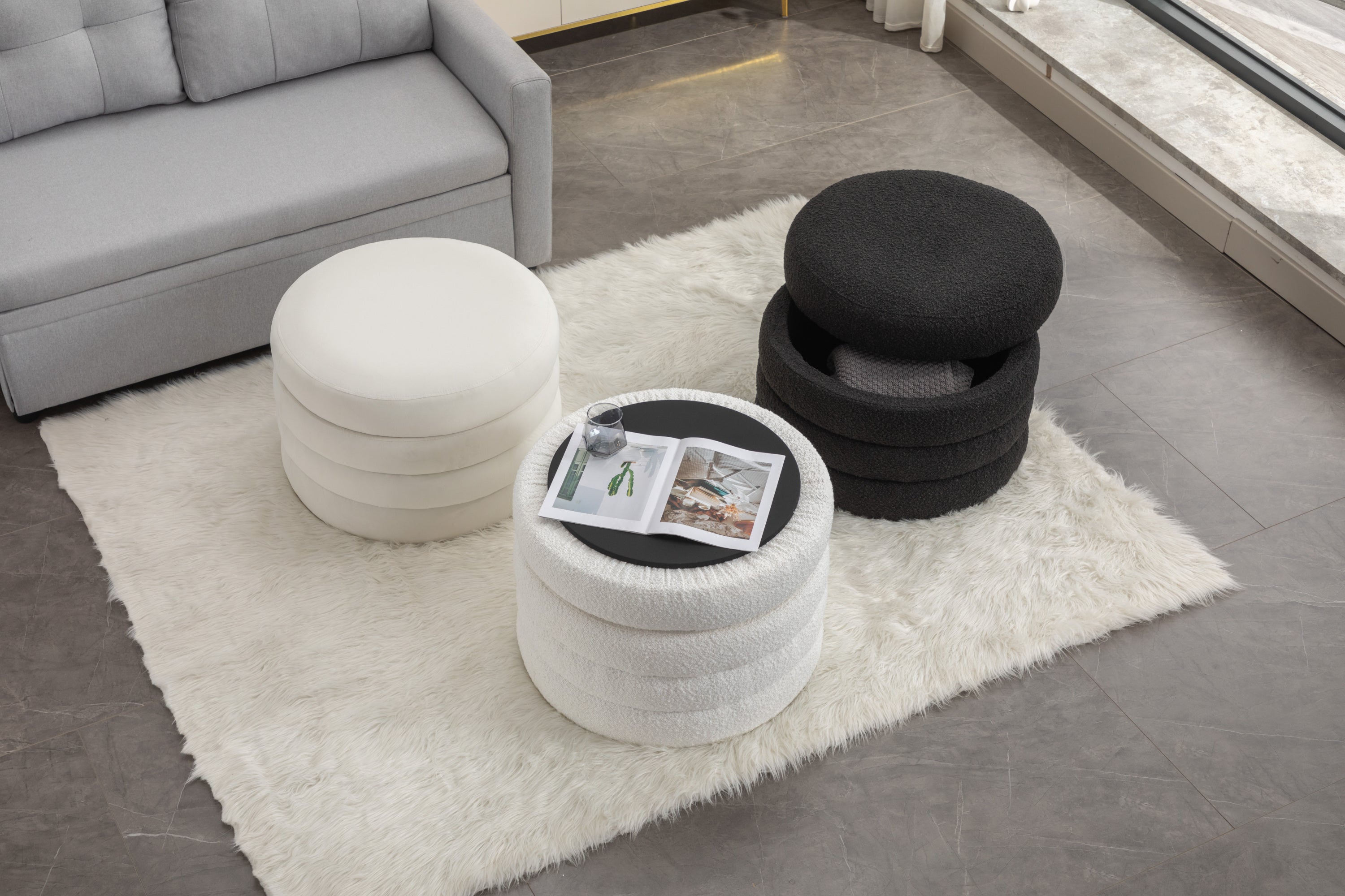 007-Boucle Fabric Storage Round Ottoman Footstool With Wooden Shelving,Black