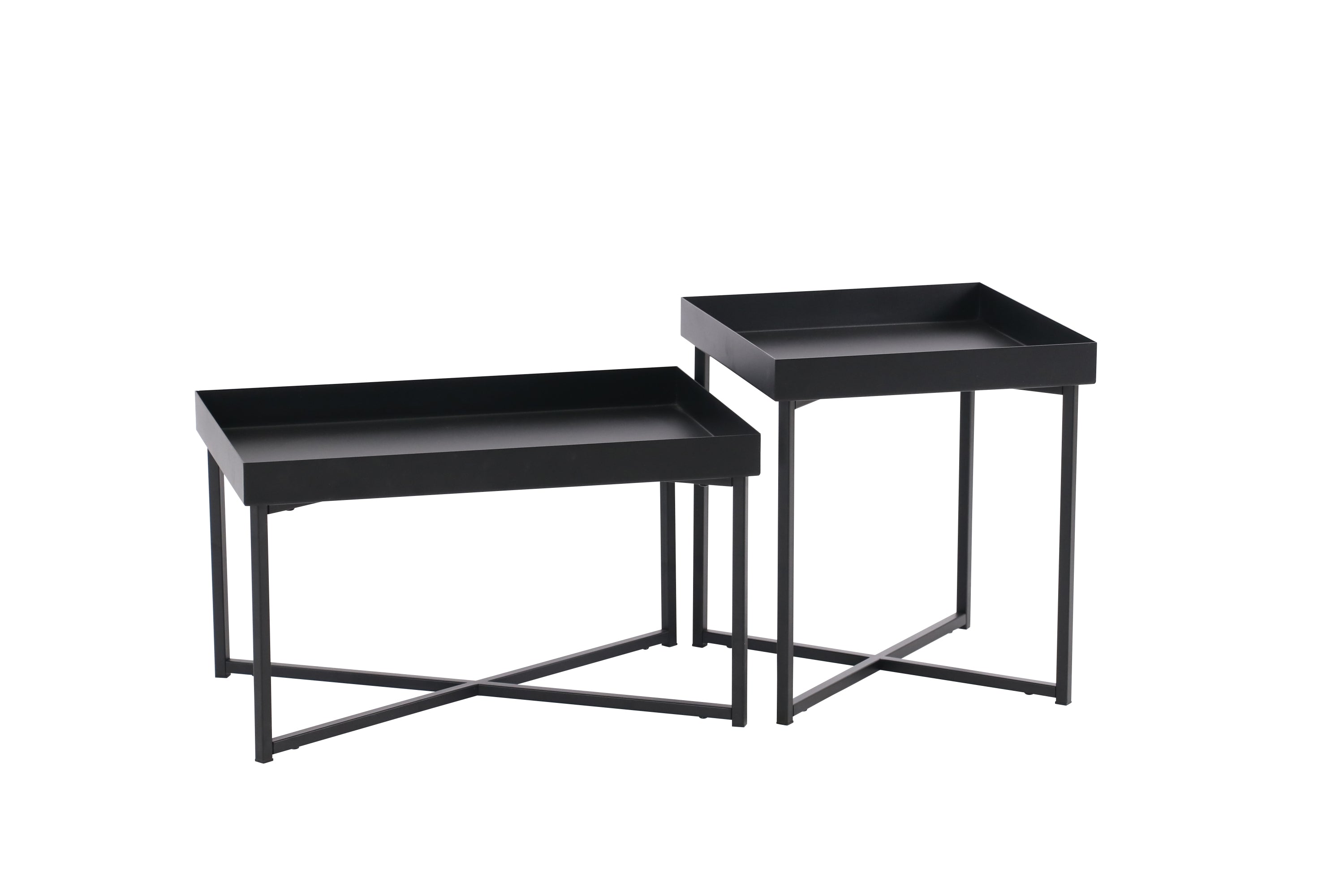 14 H x 24 W x 16 D Black Modern Set of 2 Steel Coffee Tables with Base Levelers, and Raised Edges