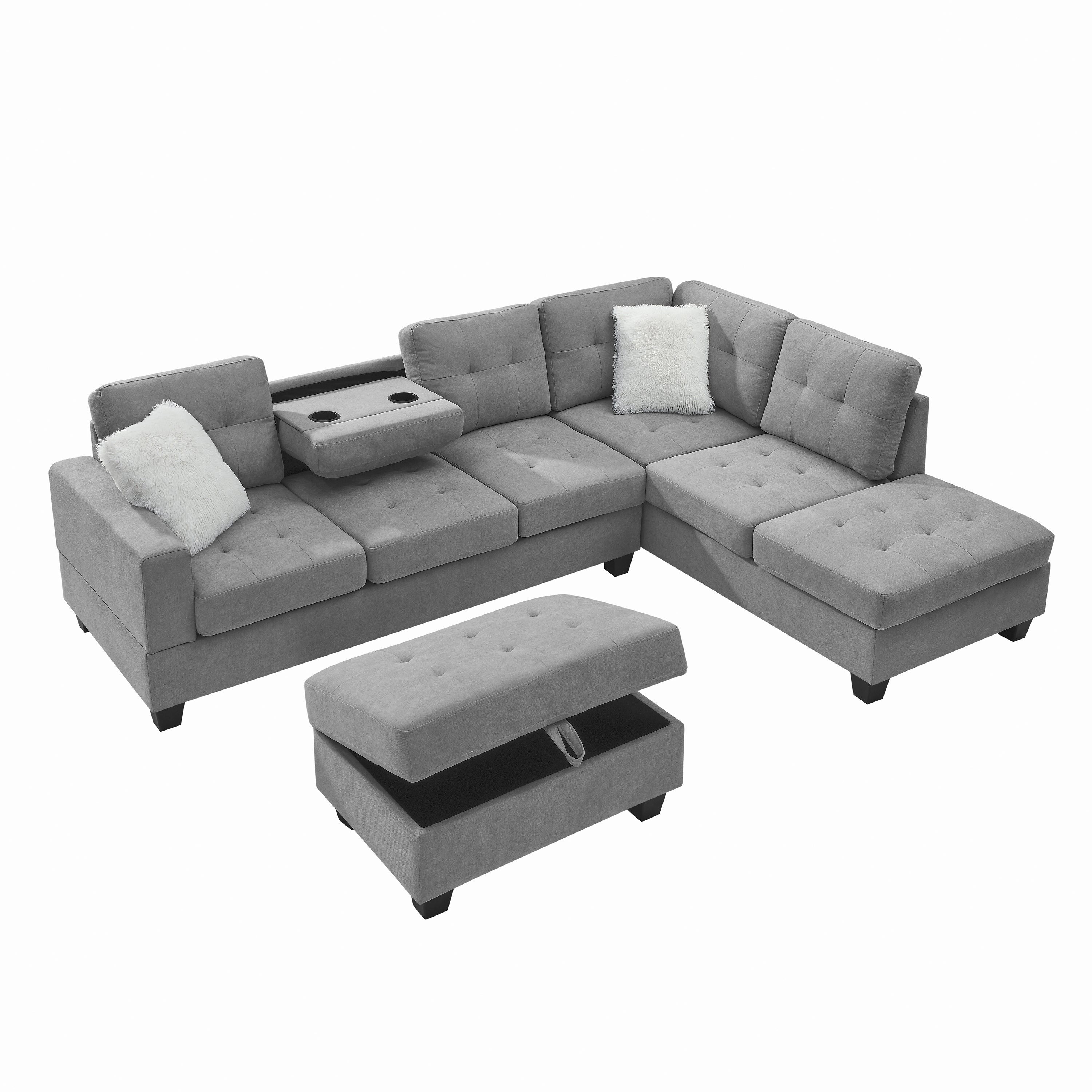 107" Fabric Sectional Sofa Couch with Storage Ottoman, L Shape sofa with Folded Cup Holder Panel for Living Room, Light Gray, Pocket Coil Spring in Seats