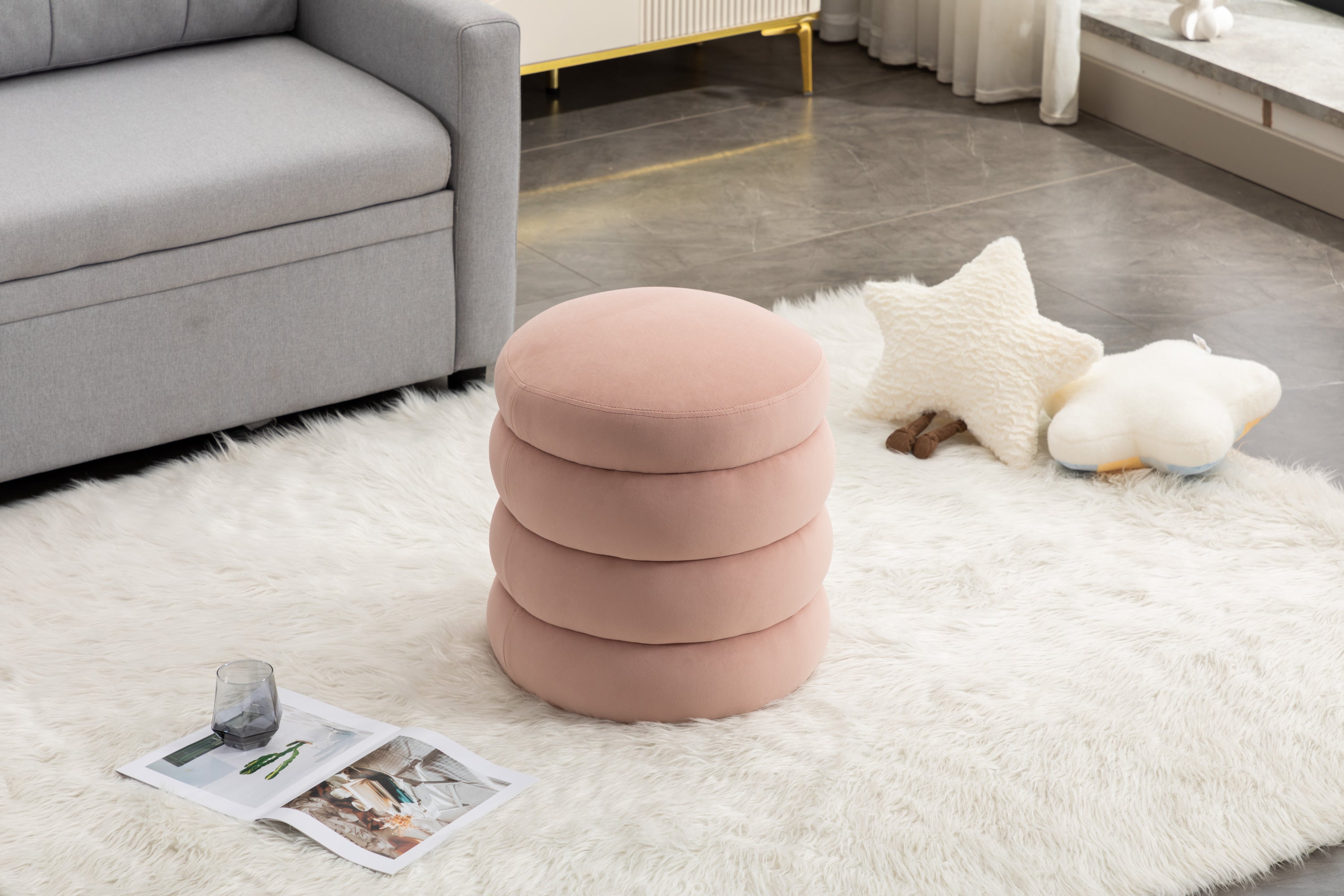 006-Soft Velvet Round Ottoman Footrest Stool,Pink