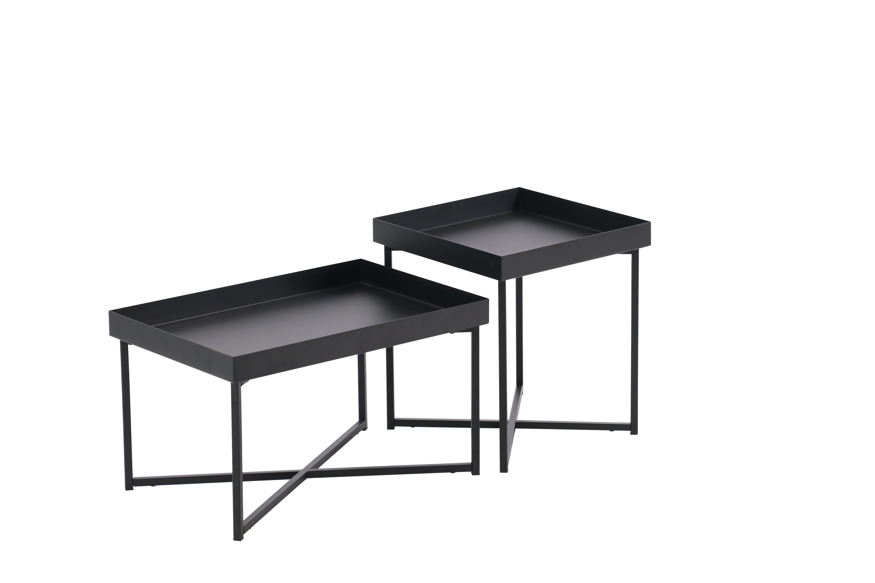 14 H x 24 W x 16 D Black Modern Set of 2 Steel Coffee Tables with Base Levelers, and Raised Edges