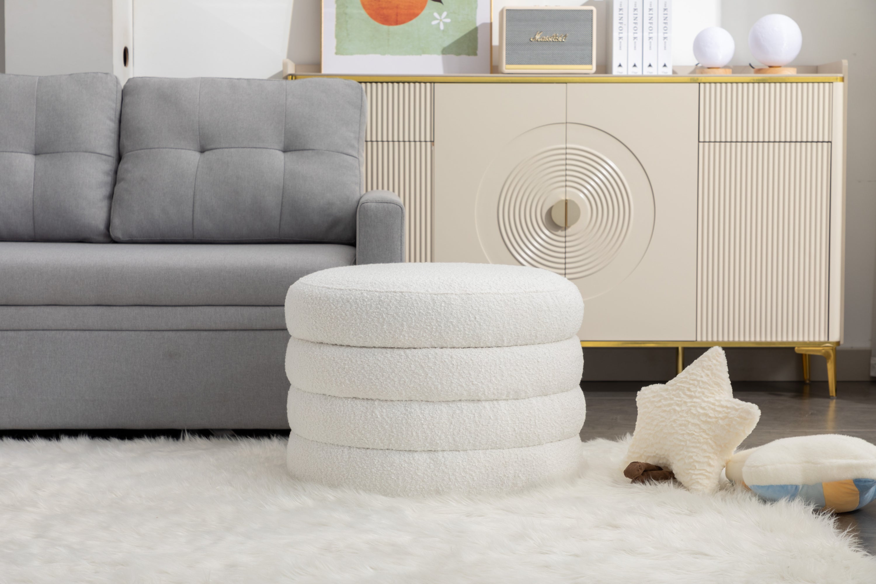 007-Boucle Fabric Storage Round Ottoman Footstool With Wooden Shelving,Ivory