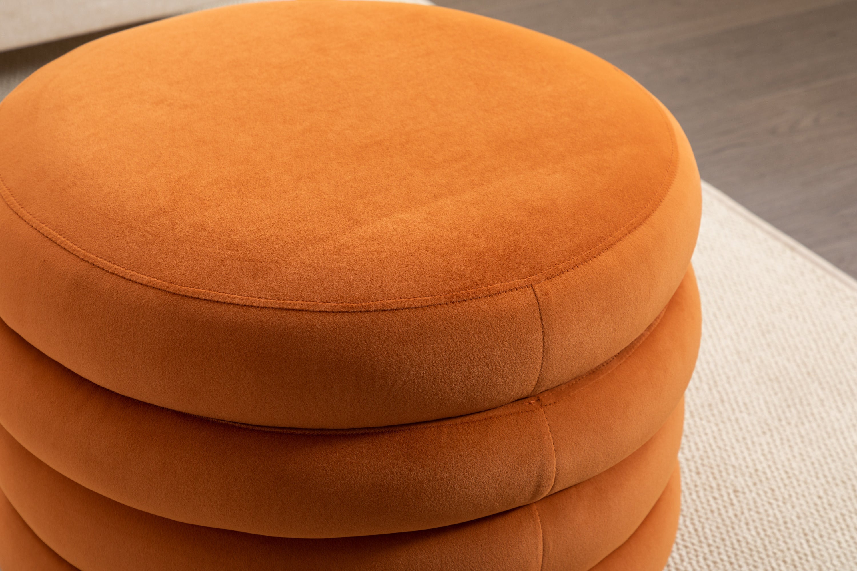 007-Velvet Fabric Storage Round Ottoman Footstool With Wooden Shelving,Orange