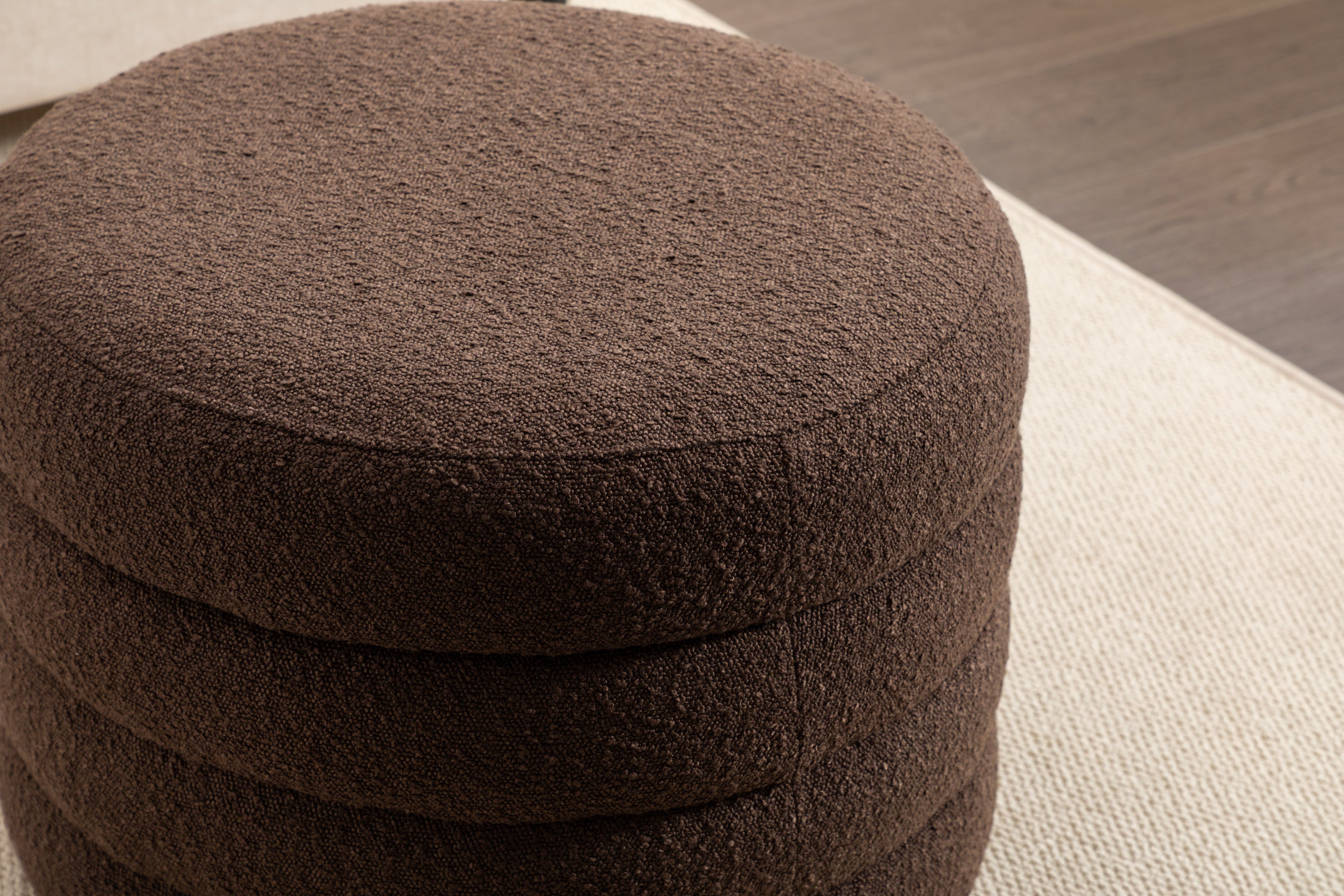 007-Boucle Fabric Storage Round Ottoman Footstool With Wooden Shelving,Brown