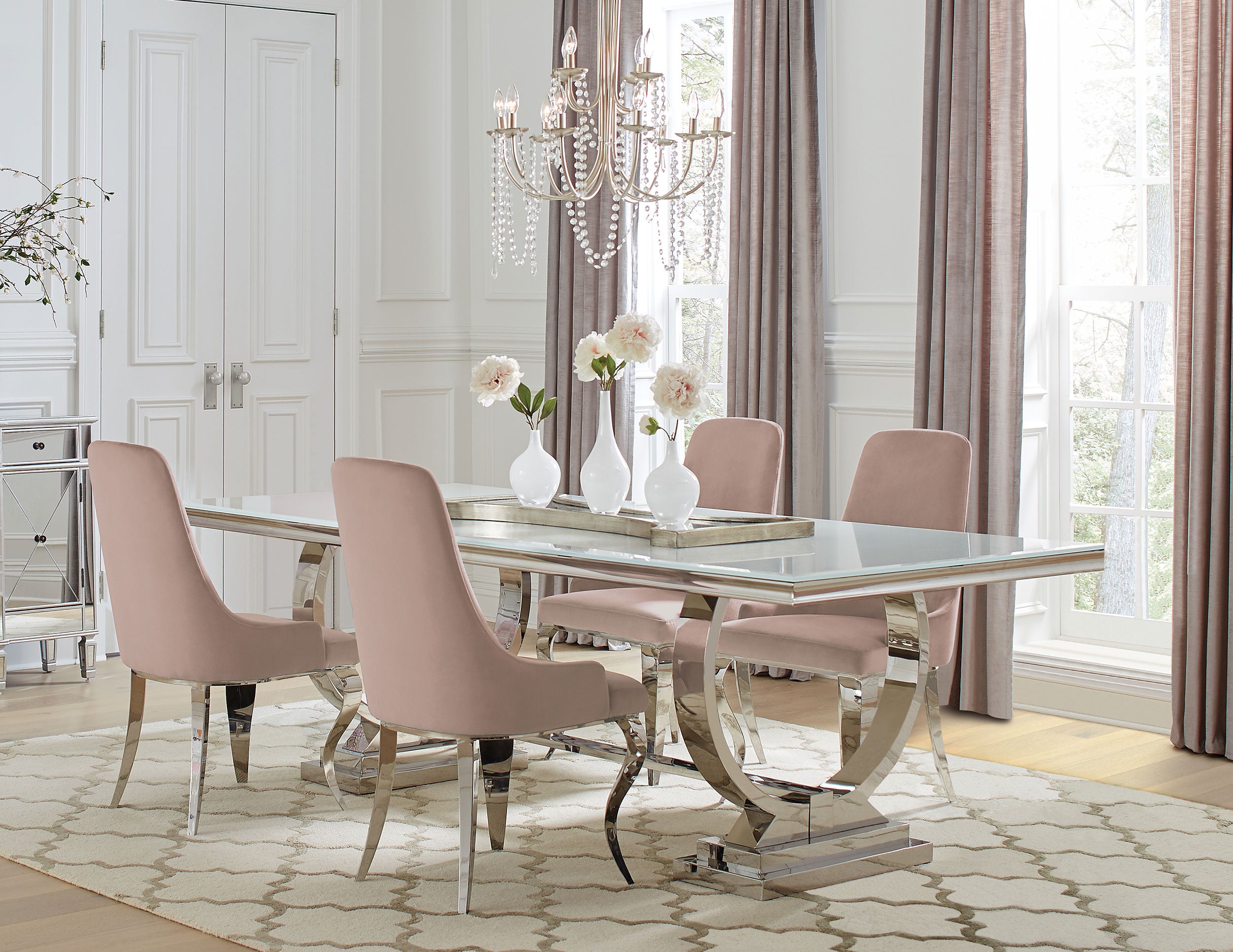 Antoine 5-piece Rectangular Dining Set Chrome and Pink