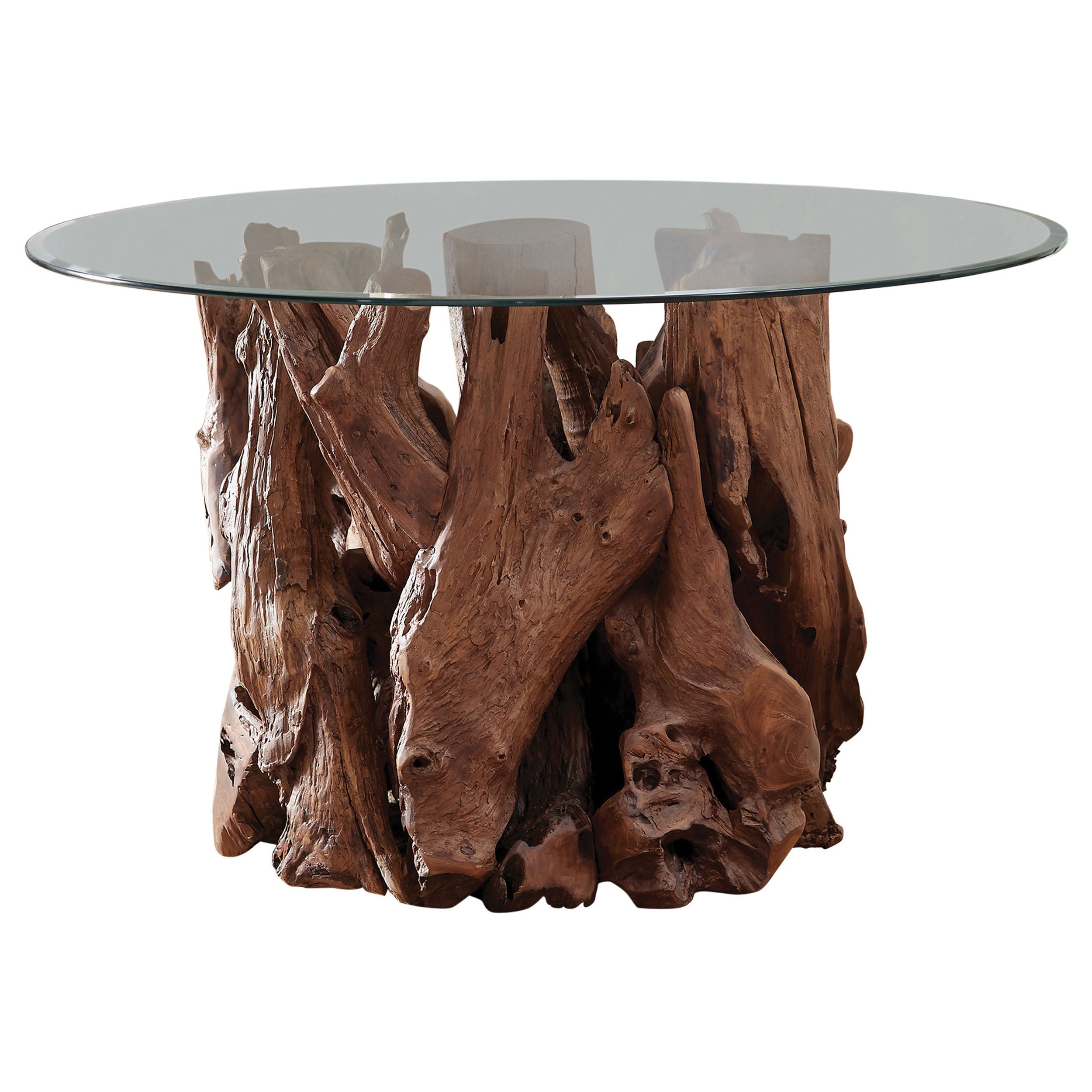 Asbury Round Glass Top Dining Table Clear and Natural Teak