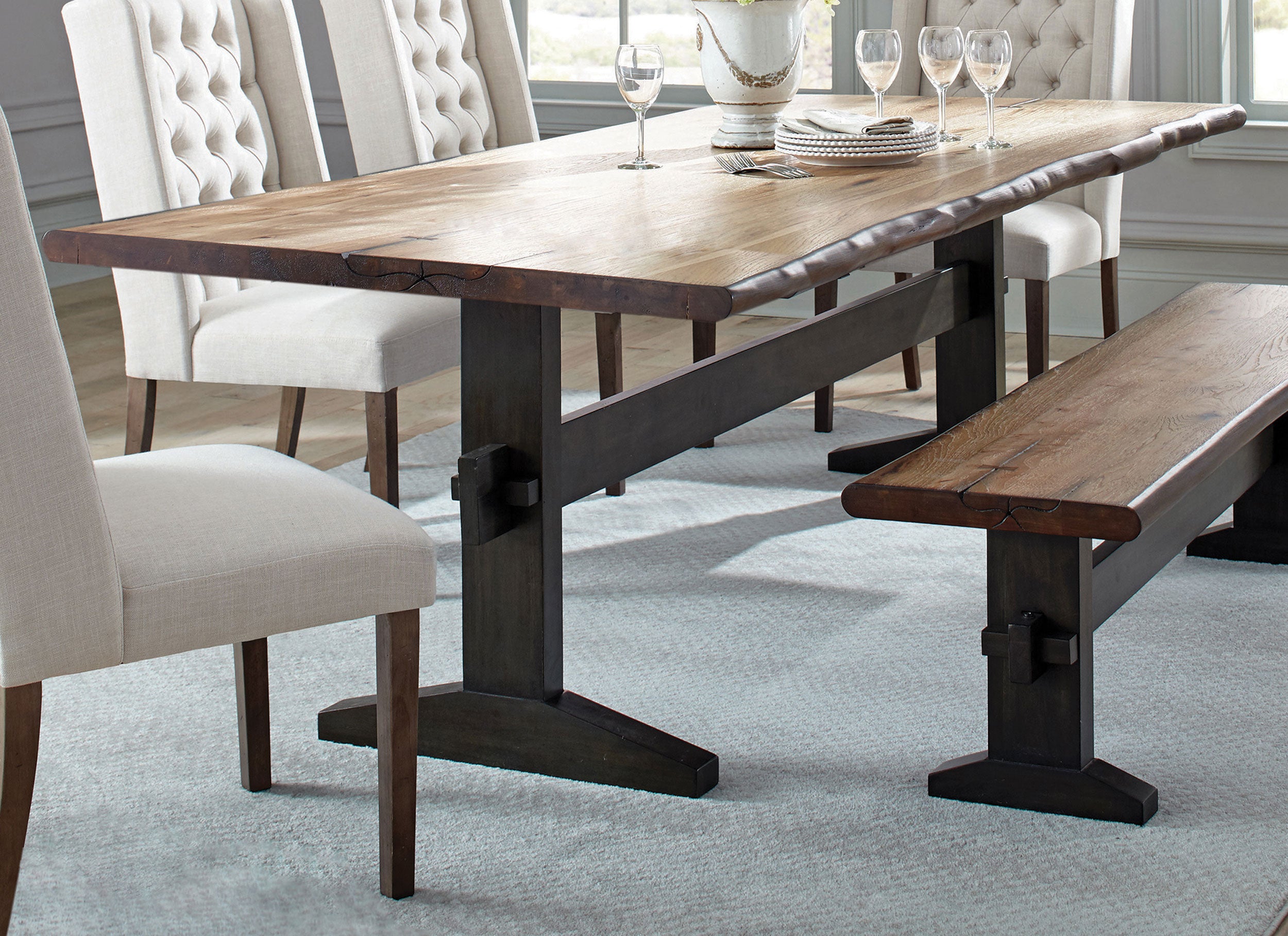 Bexley Live Edge Trestle Dining Table Natural Honey and Espresso