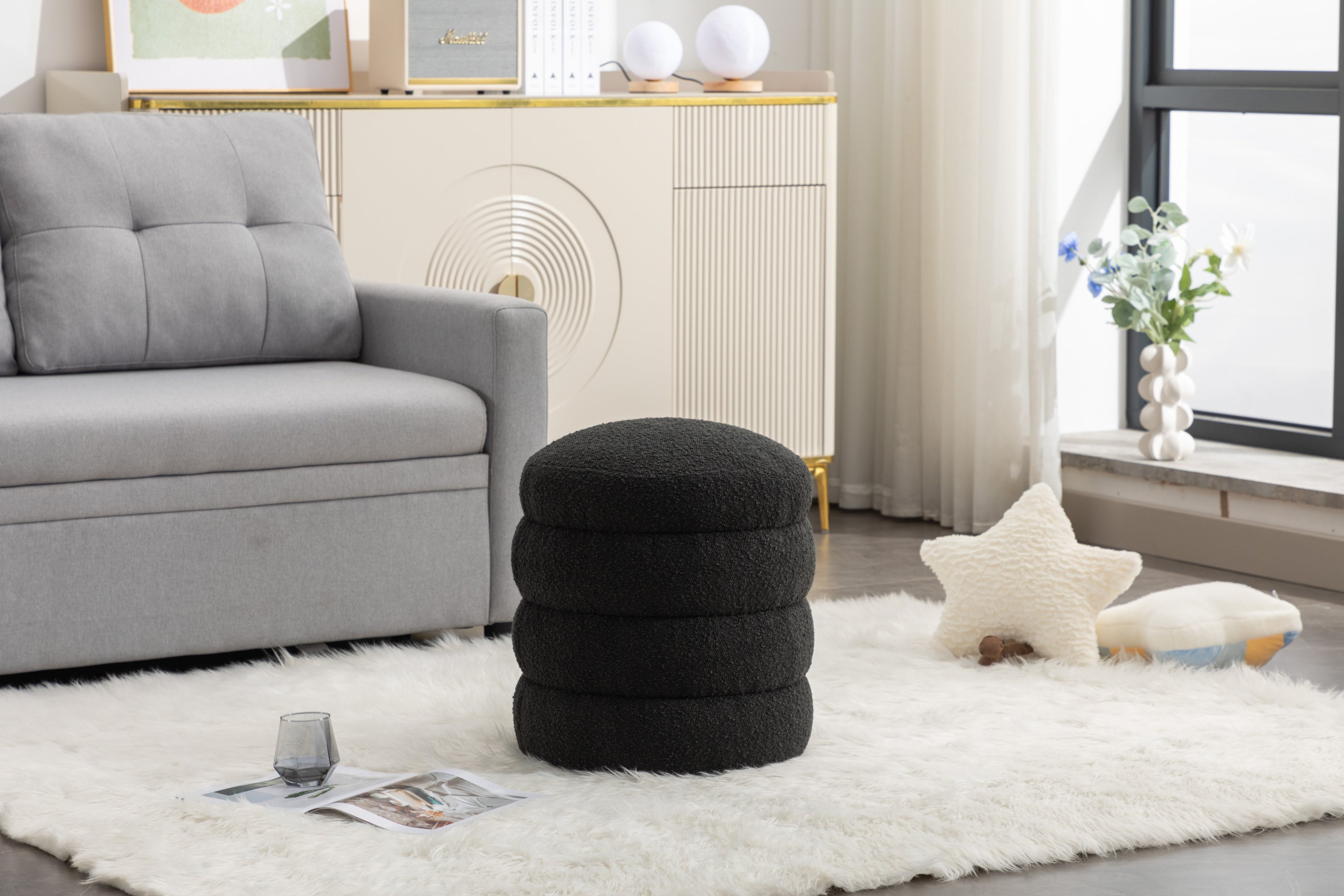 006-Soft Boucle Round Ottoman Footrest Stool,Black