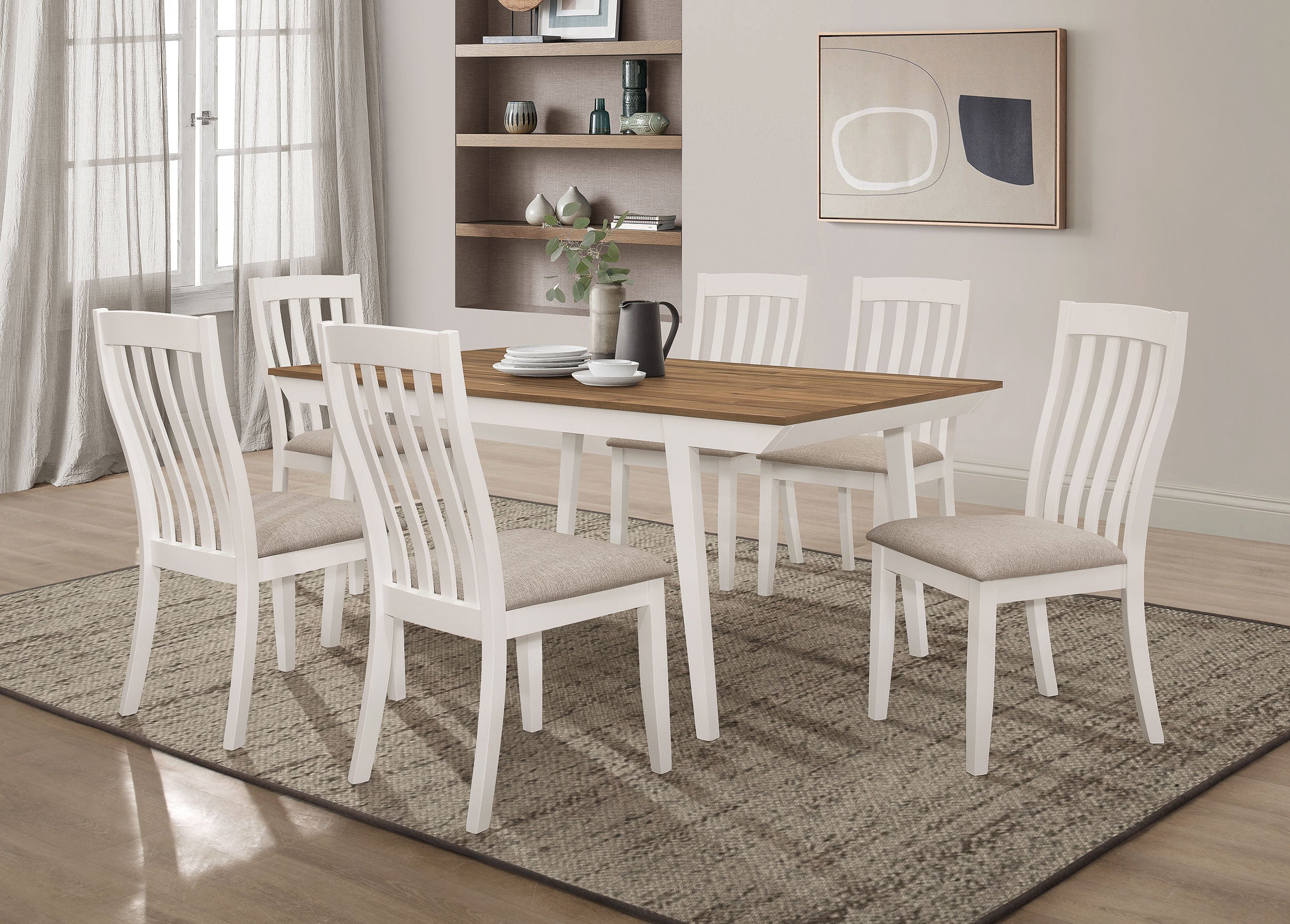 Anwar 7-piece Rectangular Dining Table Set Natural Acacia and Off White