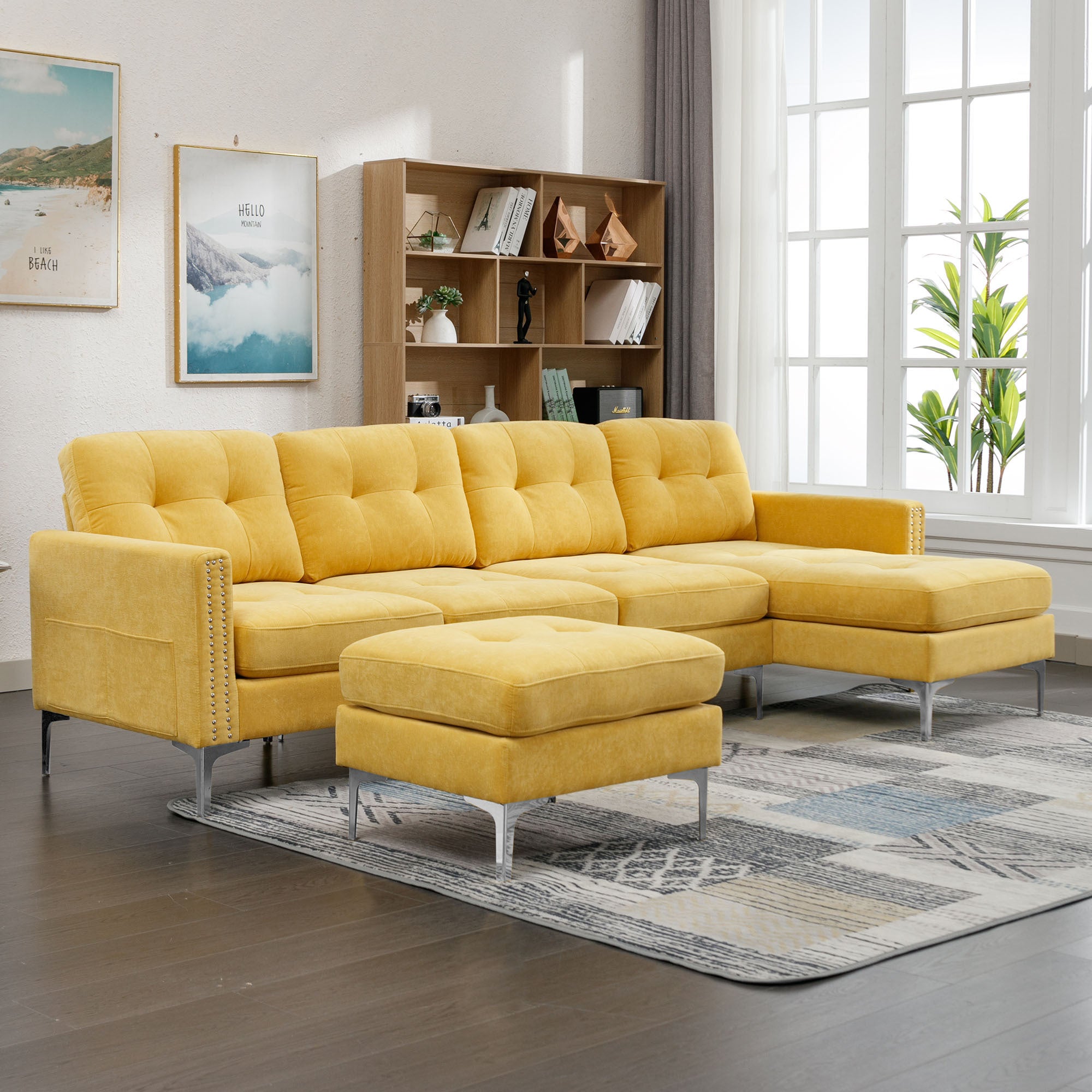 110" L-Shape Convertible Sectional Sofa Couch with Movable Ottoman for Living Room, Apartment, Office, Yellow