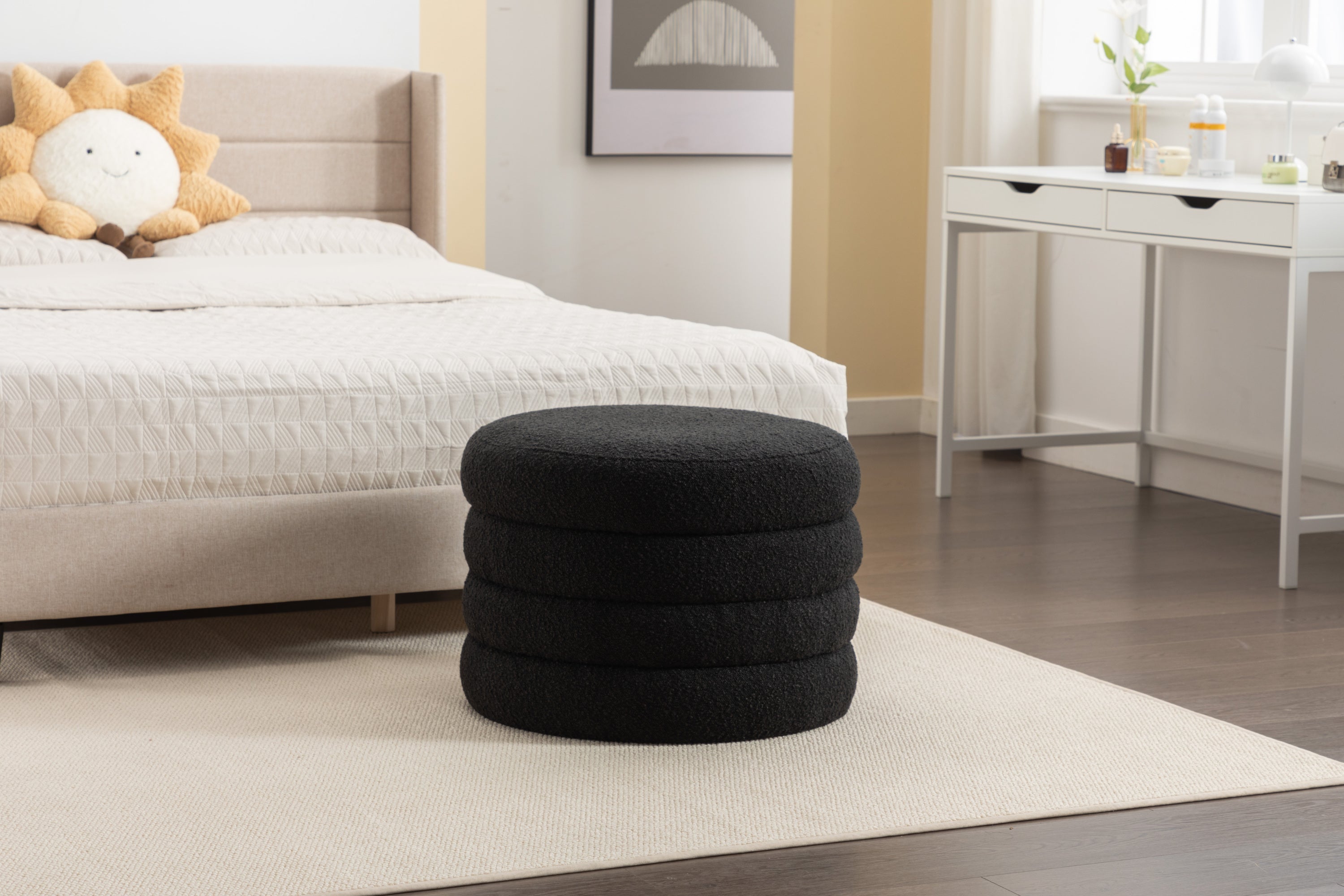 007-Boucle Fabric Storage Round Ottoman Footstool With Wooden Shelving,Black