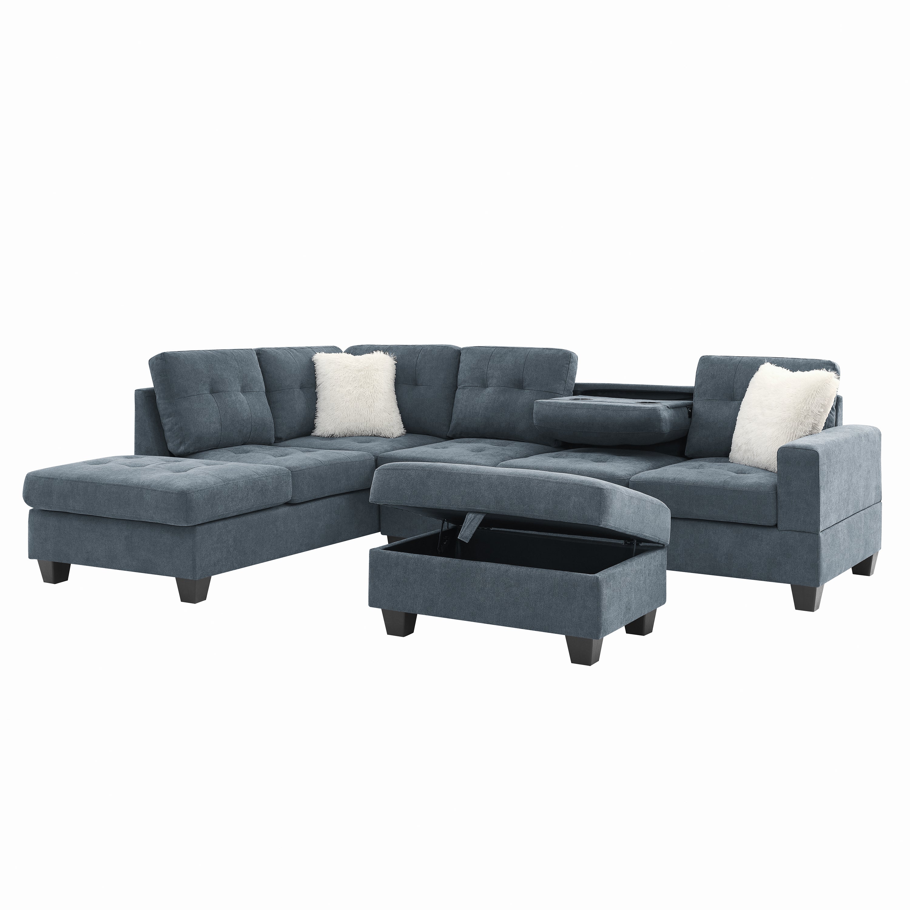 107" Fabric Sectional Sofa Couch with Storage Ottoman, L Shape sofa with Folded Cup Holder Panel for Living Room, Dark Gray, Pocket Coil Spring in Seats