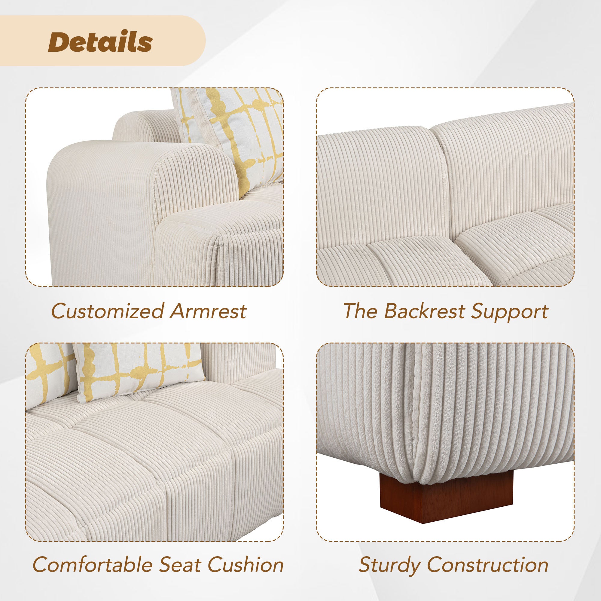 103.9" Modern Couch Corduroy Fabric Comfy Sofa with Rubber Wood Legs, 4 Pillows for Living Room, Bedroom, Office, Beige