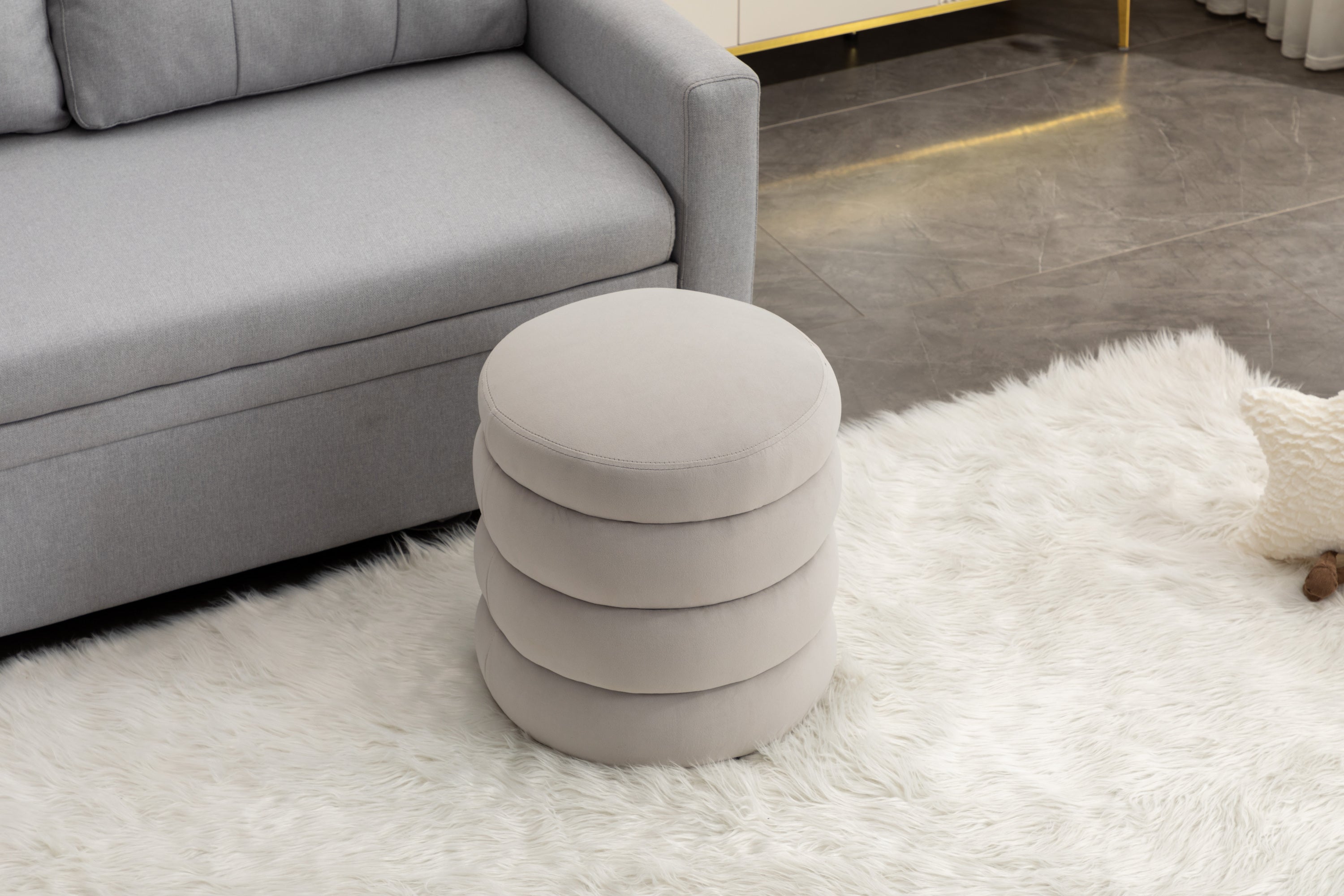 006-Soft Velvet Round Ottoman Footrest Stool,Light Gray