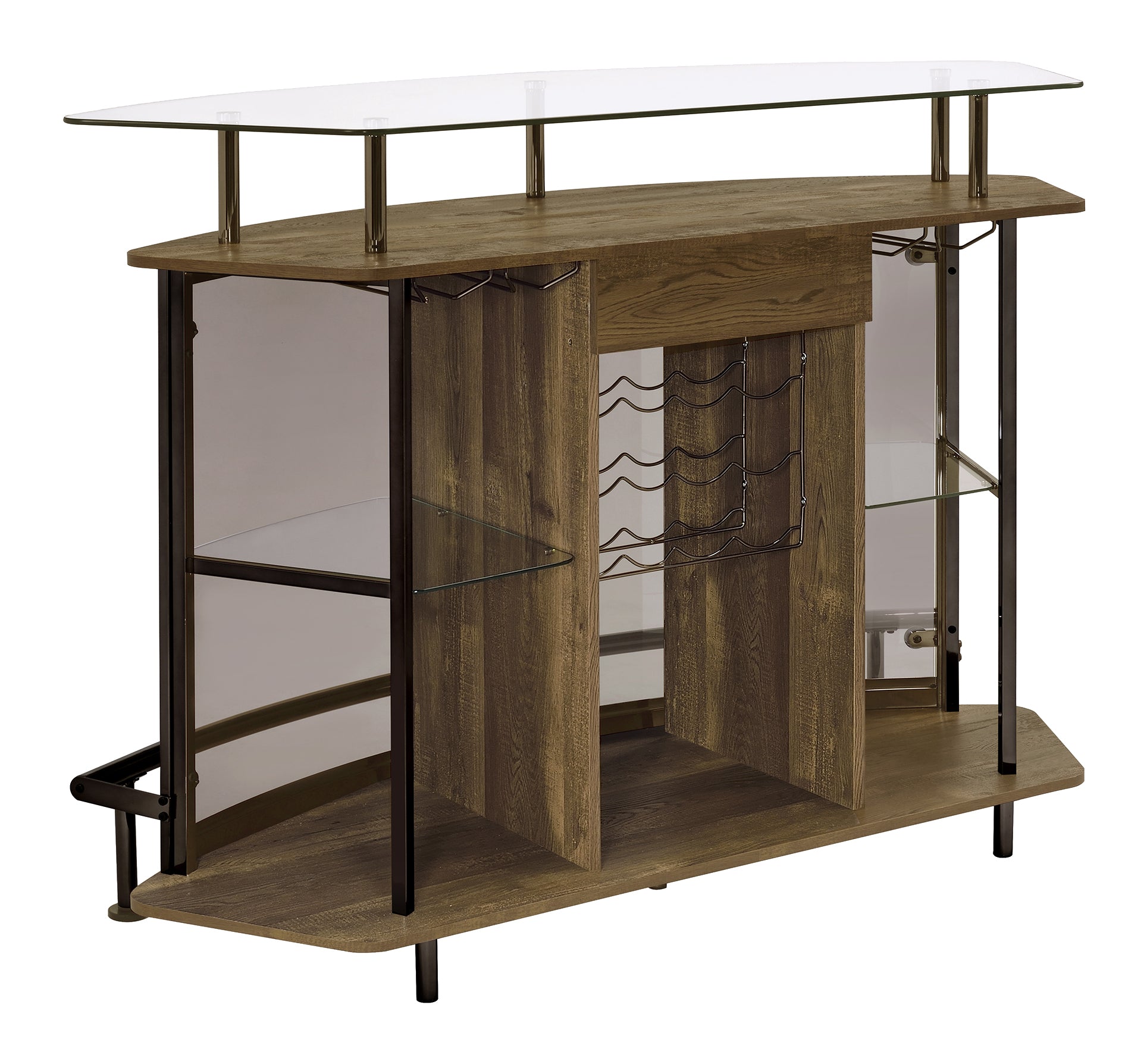 Gideon Crescent Shaped Glass Top Bar Unit with Drawer Home Bar Brown