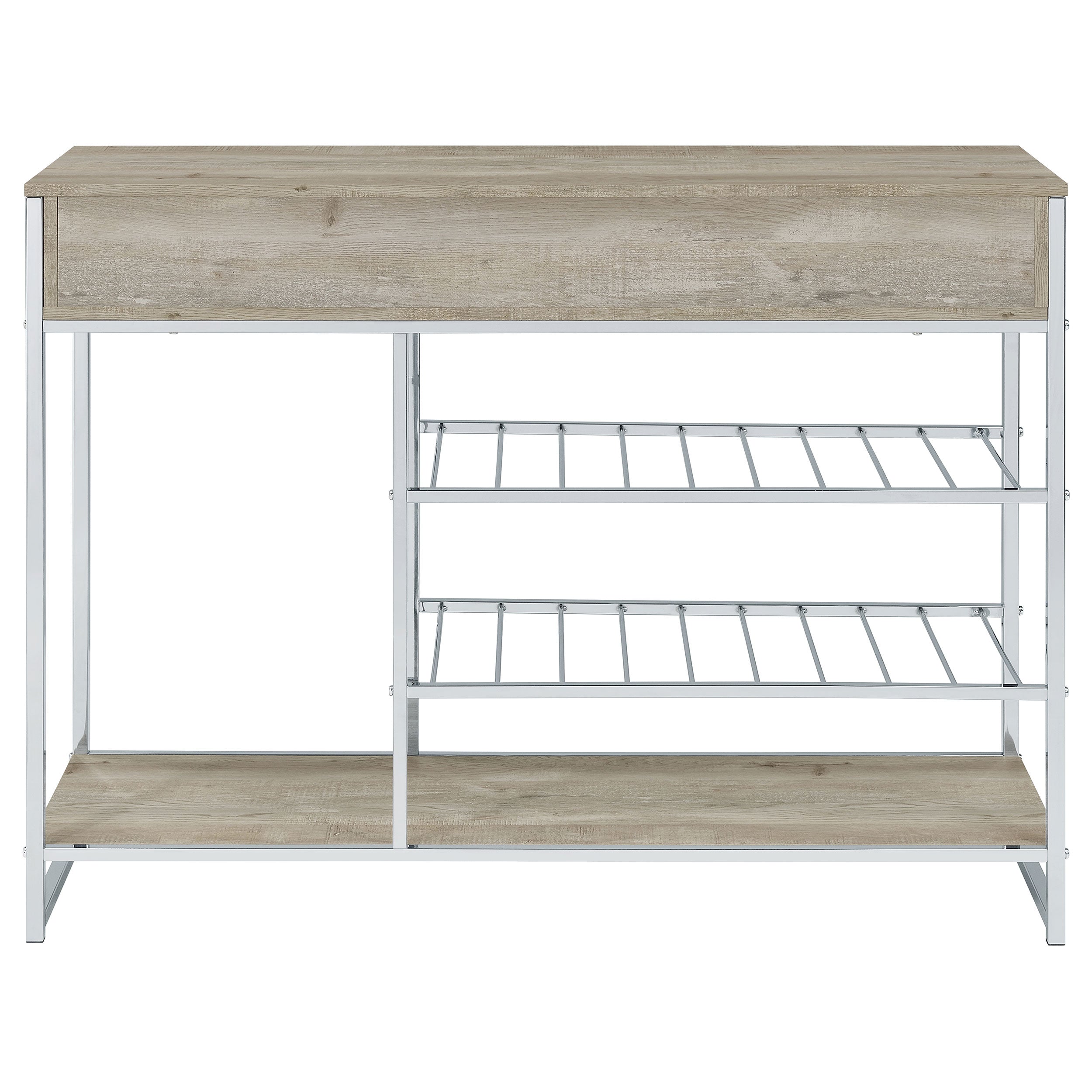 Melrose 2-shelf Wine Cabinet with 2 Drawers Gray Washed Oak and Chrome